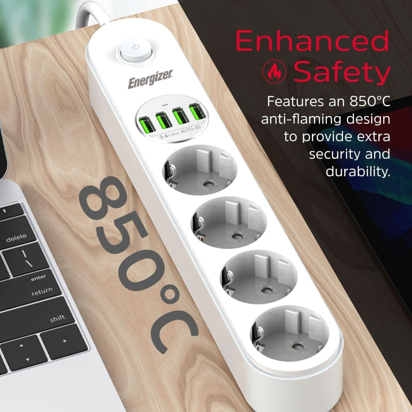 Сетевой фильтр Power filtr 2.0м 4 розетки, 4xUSB 3.4A, з заземленням билий (EPB2500W00EU)