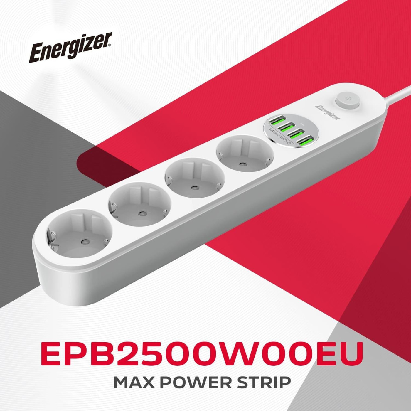 Сетевой фильтр Power filtr 2.0м 4 розетки, 4xUSB 3.4A, з заземленням билий (EPB2500W00EU)