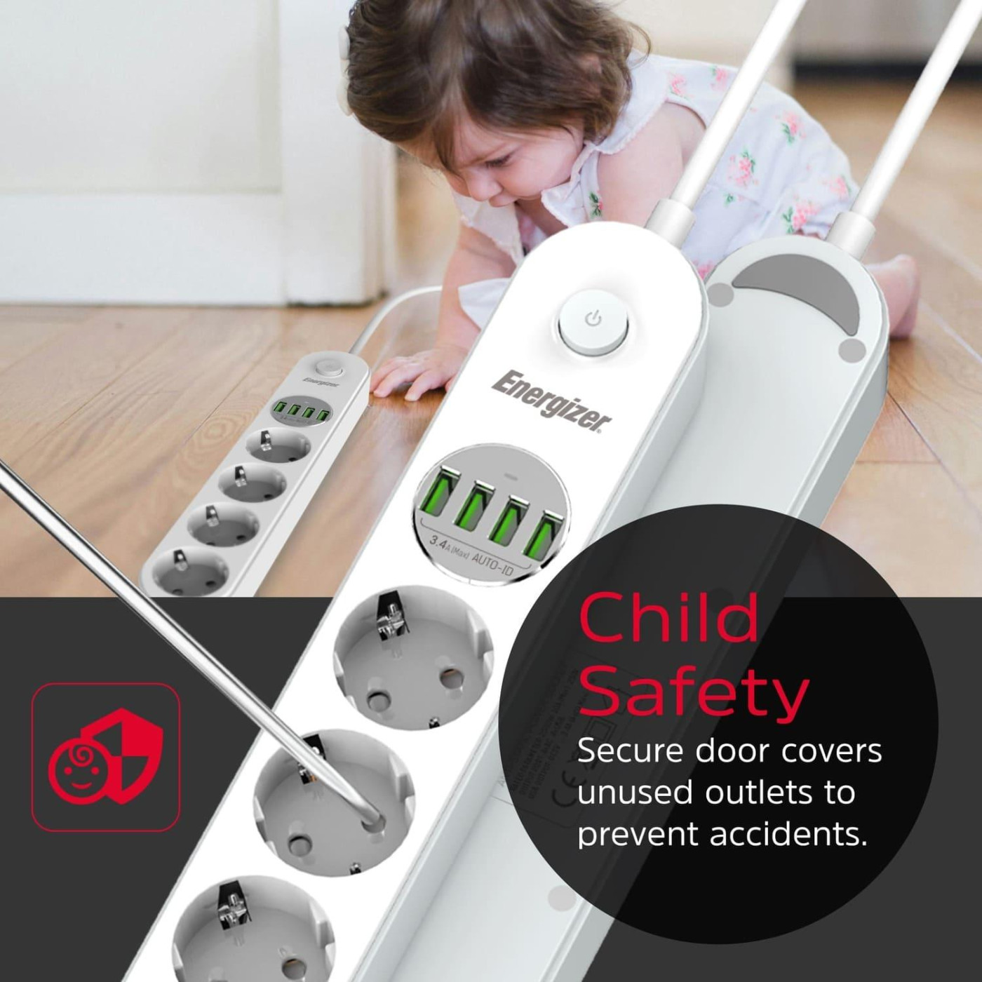 Сетевой фильтр Power filtr 2.0м 4 розетки, 4xUSB 3.4A, з заземленням билий (EPB2500W00EU)