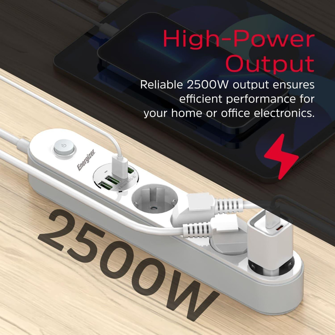 Сетевой фильтр Power filtr 2.0м 4 розетки, 4xUSB 3.4A, з заземленням билий (EPB2500W00EU)