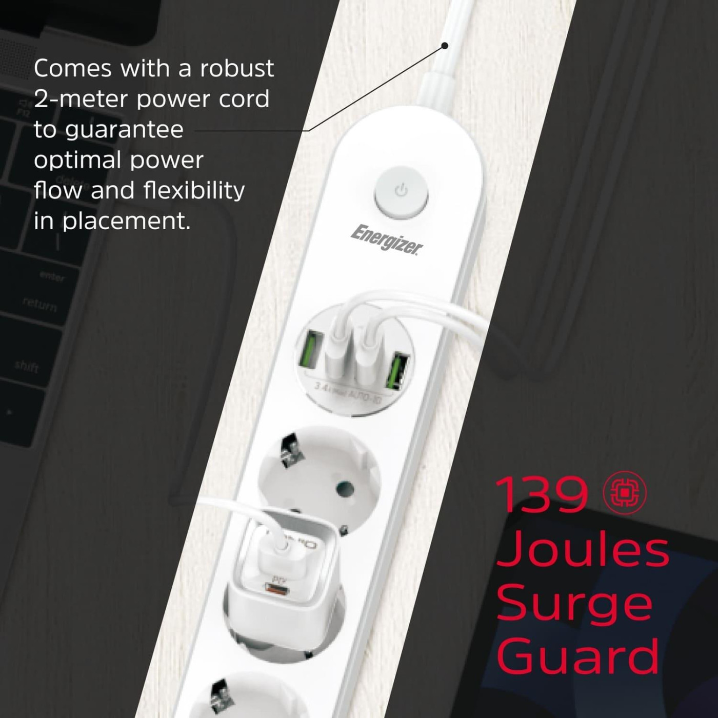 Сетевой фильтр Power filtr 2.0м 4 розетки, 4xUSB 3.4A, з заземленням билий (EPB2500W00EU)