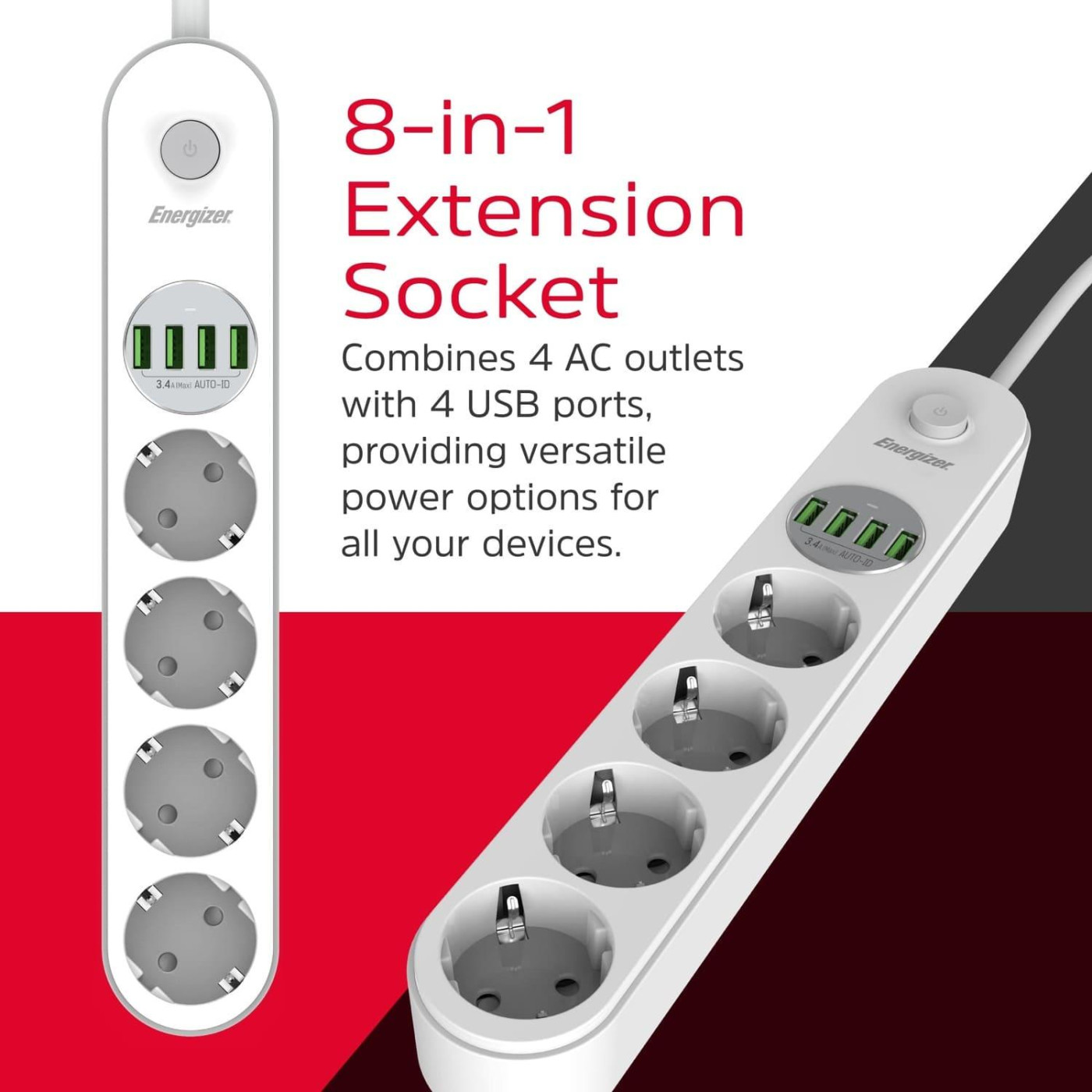 Сетевой фильтр Power filtr 2.0м 4 розетки, 4xUSB 3.4A, з заземленням билий (EPB2500W00EU)