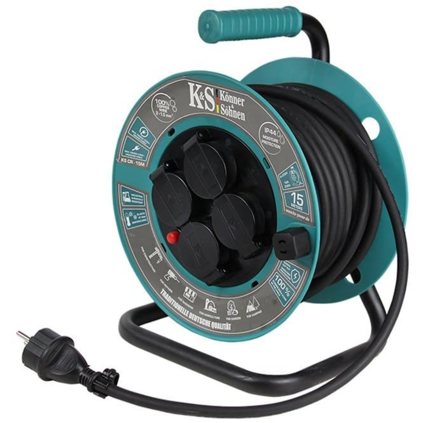 Сетевой фильтр KS CR-15M, 3000Вт, 4х16А/230В, 3х1.5мм, IP44, 3.2кг, на котушци, 15м, чорний (KSCR-15M)