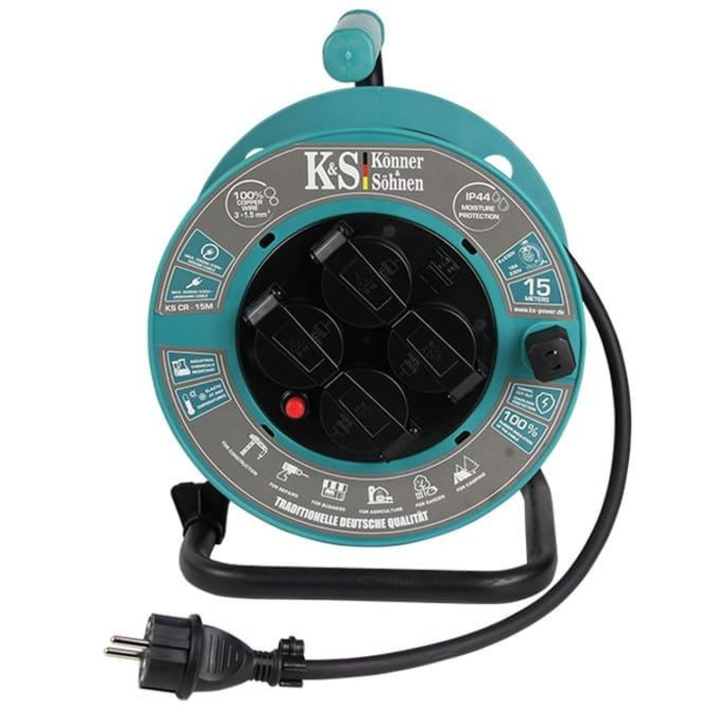 Сетевой фильтр KS CR-15M, 3000Вт, 4х16А/230В, 3х1.5мм, IP44, 3.2кг, на котушци, 15м, чорний (KSCR-15M)