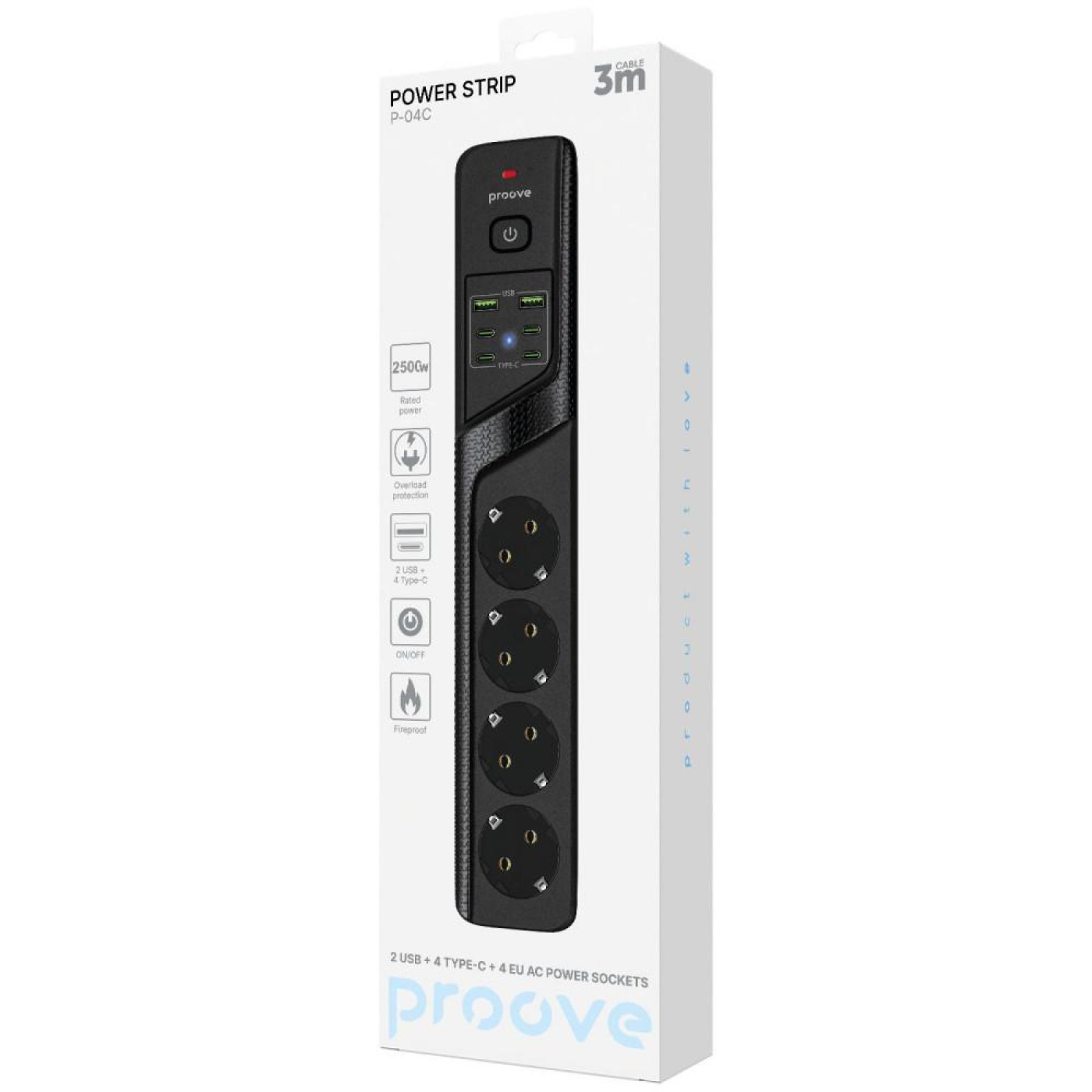 Мережевий фільтр Proove Power Strip P-04C (4 розетки + 2 USB + 4 Type-C) 3М black (PSPS25002431)