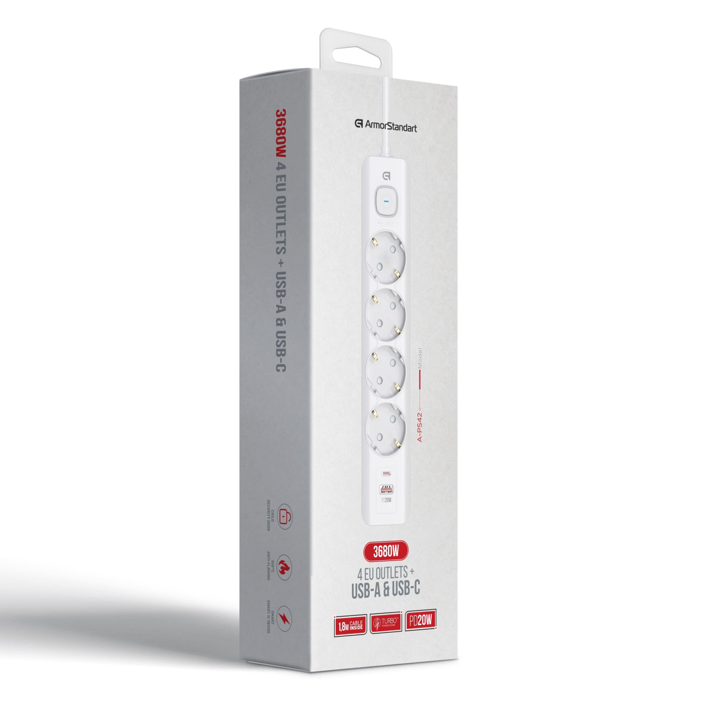 Сетевой фильтр ArmorStandart A-PS42 1.8m 4 sockets + USB-A + USB-C (PD20W) White (ARM84666)