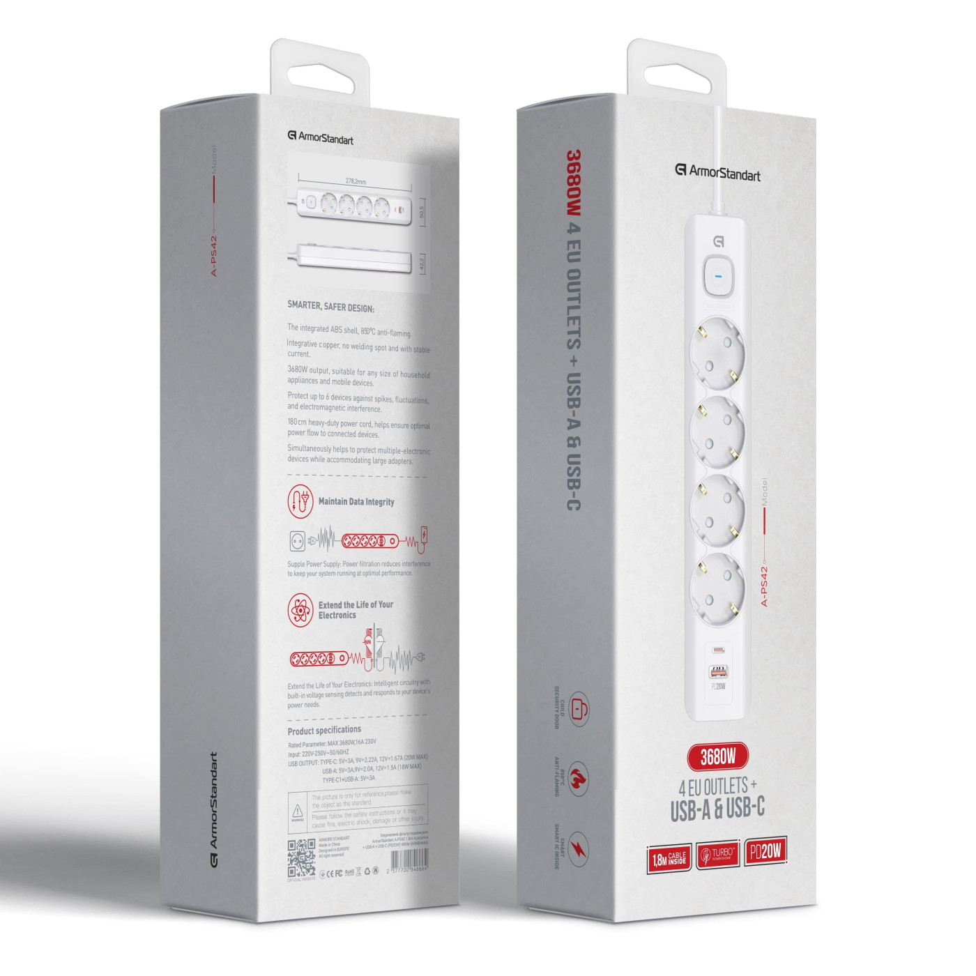 Сетевой фильтр ArmorStandart A-PS42 1.8m 4 sockets + USB-A + USB-C (PD20W) White (ARM84666)