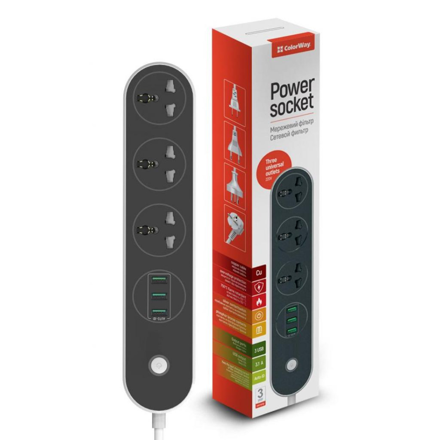 Мережевий фільтр olorWay 3 розетки, 3xUSB, 1.8м, Black (CW-CHU33B)