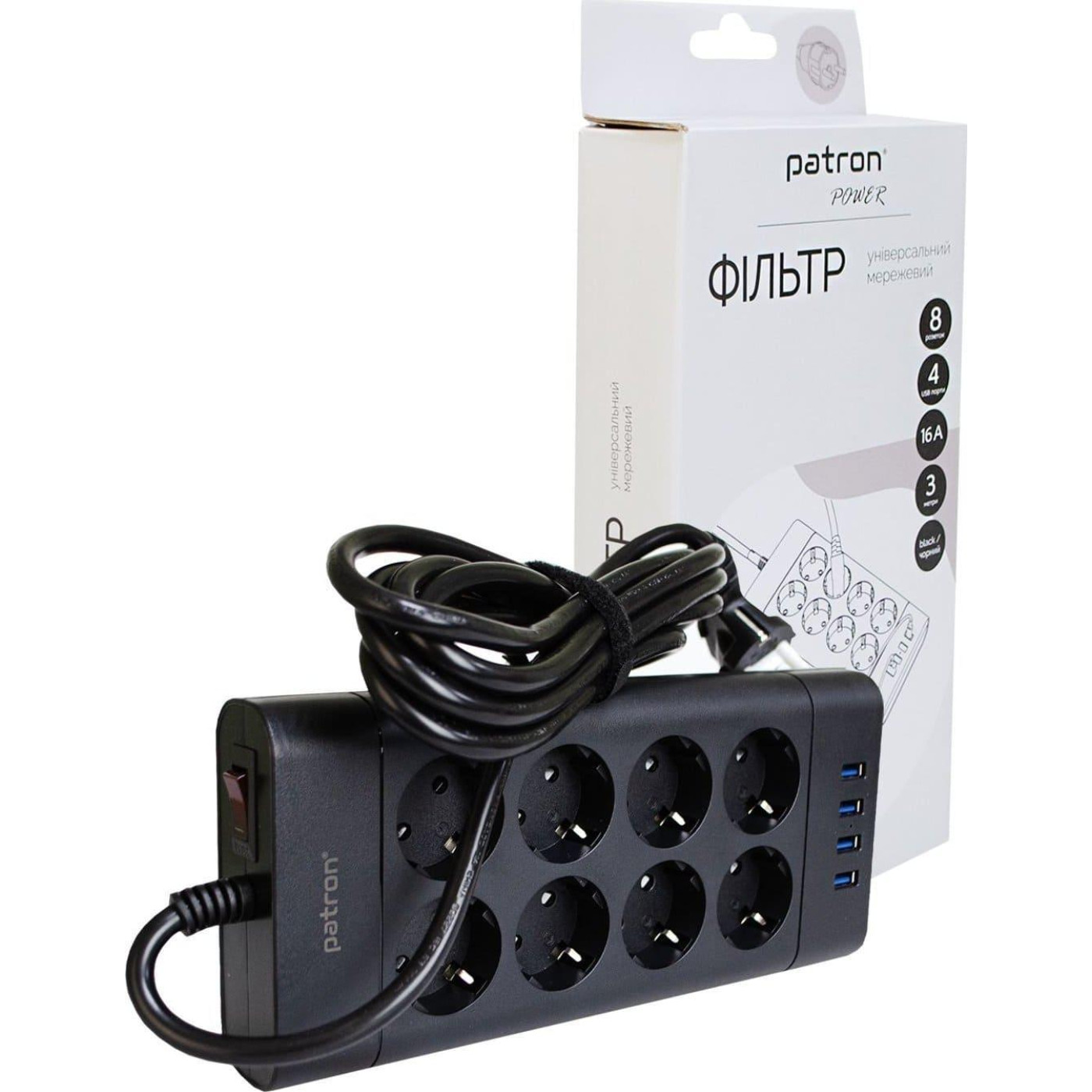 Фильтр сетевой Patron, 8 розеток, 3 м, Black, 4xUSB (3.1A), 16А, до 4 кВт, выключатель, заземление, 3x1.5 мм² (SP-1683-USB)
