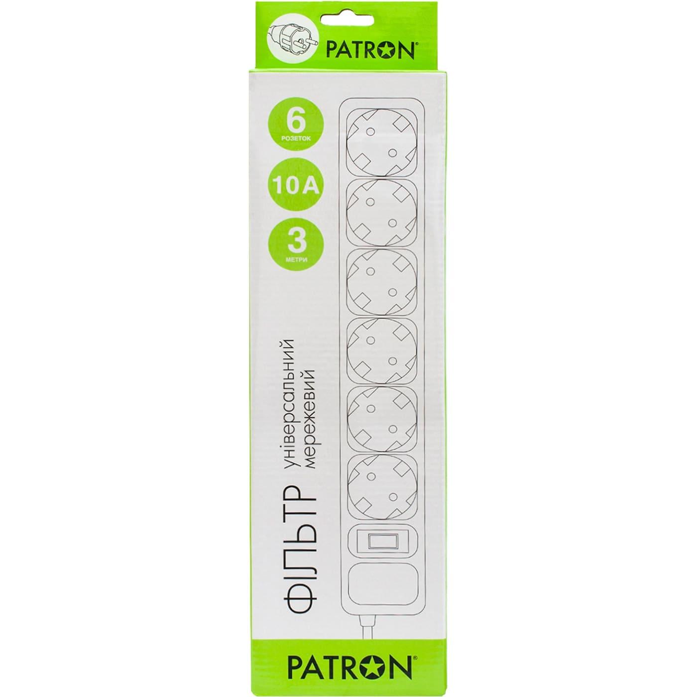 Фильтр сетевой Patron, 6 розеток, 3 м, White, 10А, до 2.2 кВт, выключатель, заземление, 3x1 мм² (SP-1063W)