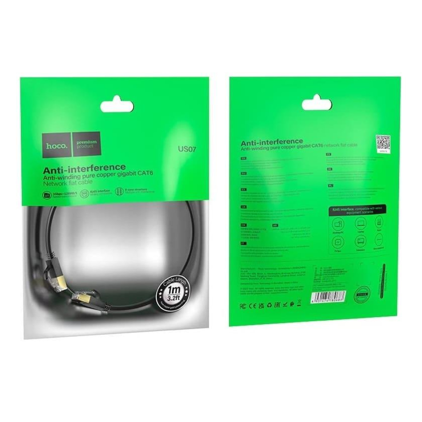 Патч-корд Hoco US07 General pure copper flat network cable(L=1M) Black (6931474780683)