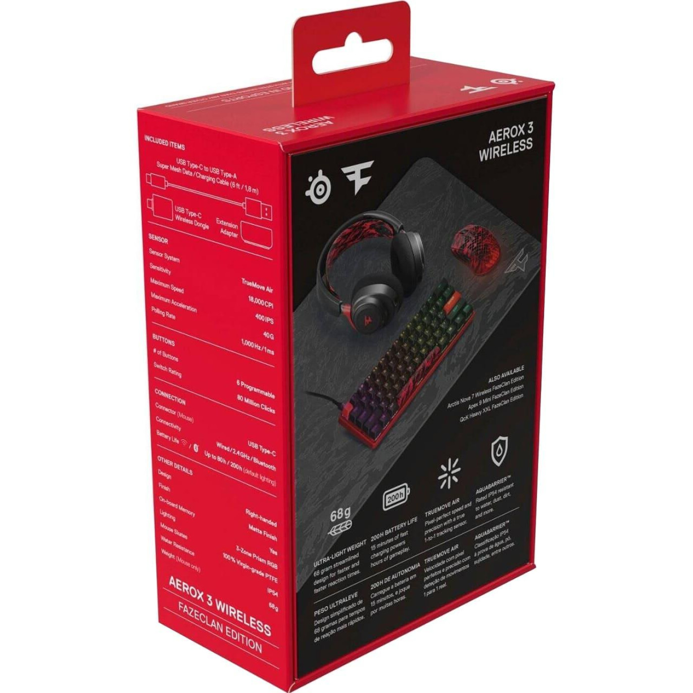 Мышь SteelSeries Aerox 3 Wireless, RGB, 18000dpi., 6кн., Faze Clan Edition (62609)