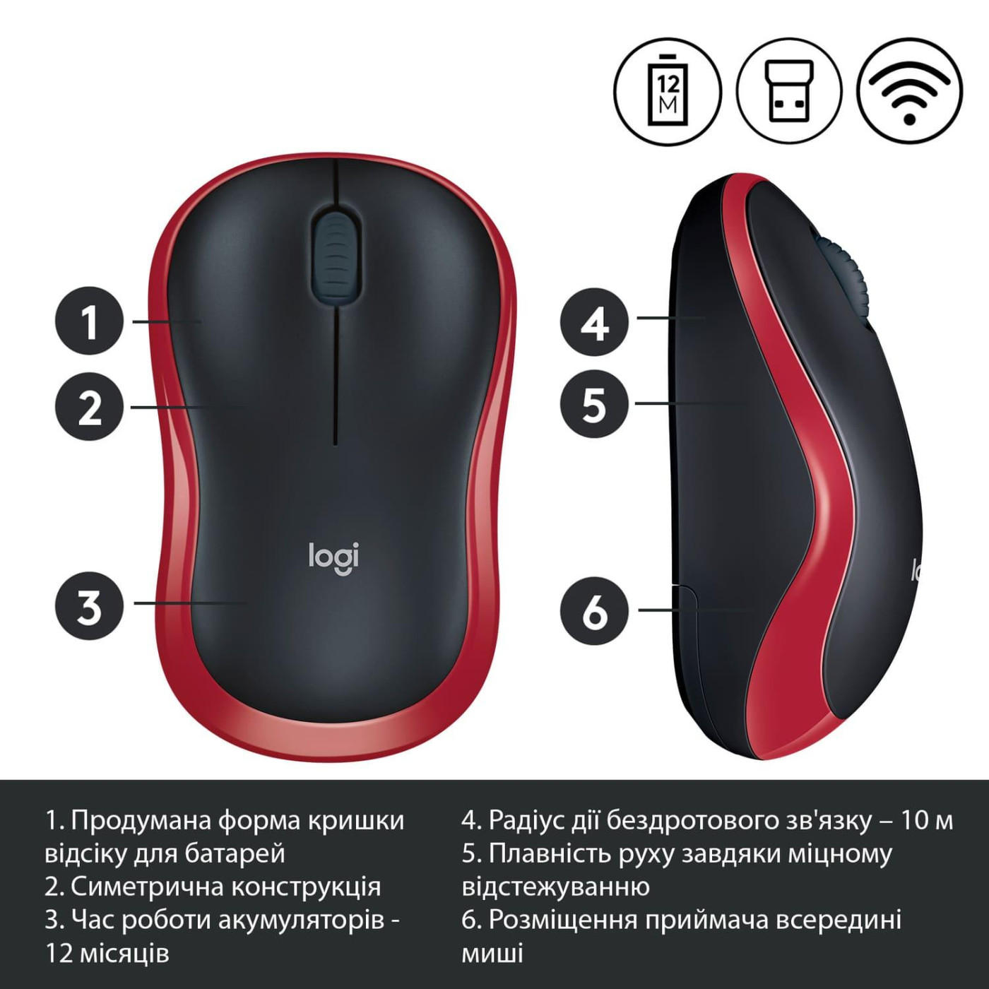 Беспроводная мышь Logitech M185 Wireless Red (L910-002237) (910-002237)