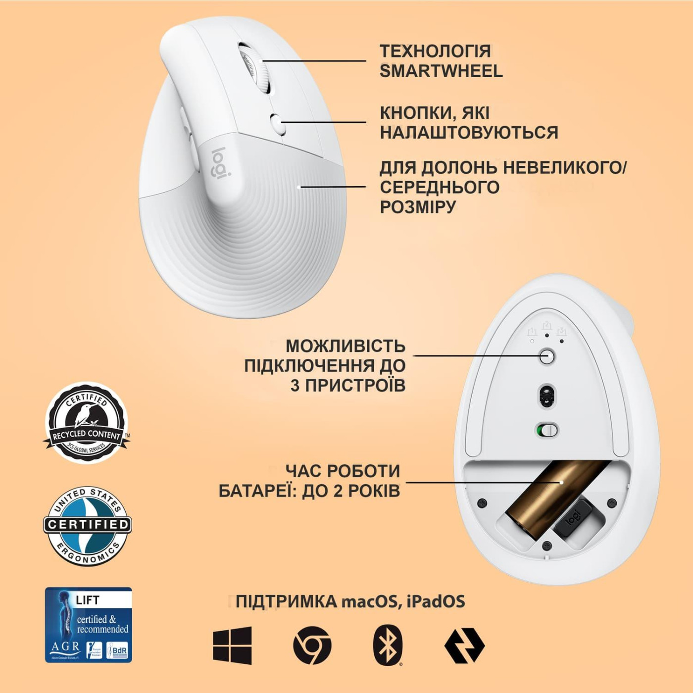 Бездротова миша Logitech Lift Vertical Ergonomic Mouse Wireless/Bluetooth Off-White (910-006475)