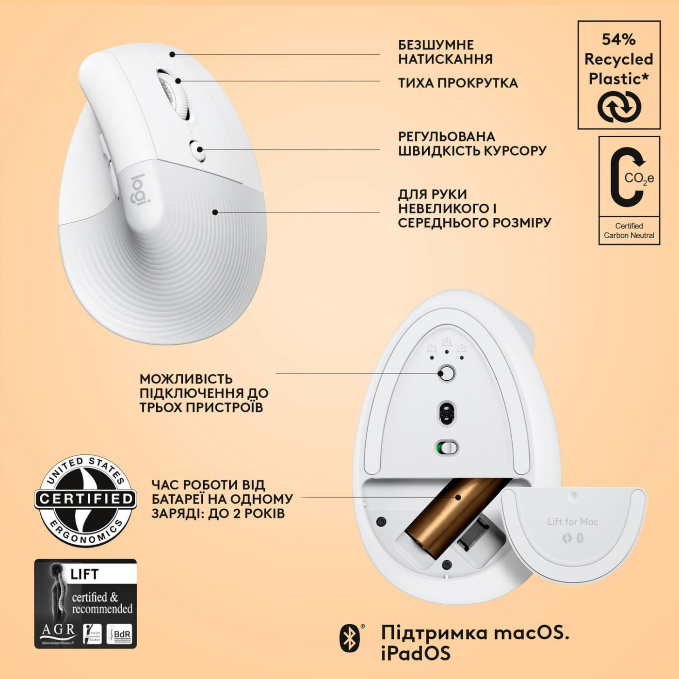 Беспроводная мышь Logitech Lift for Mac Vertical Ergonomic Bluetooth Off-White (910-006477)