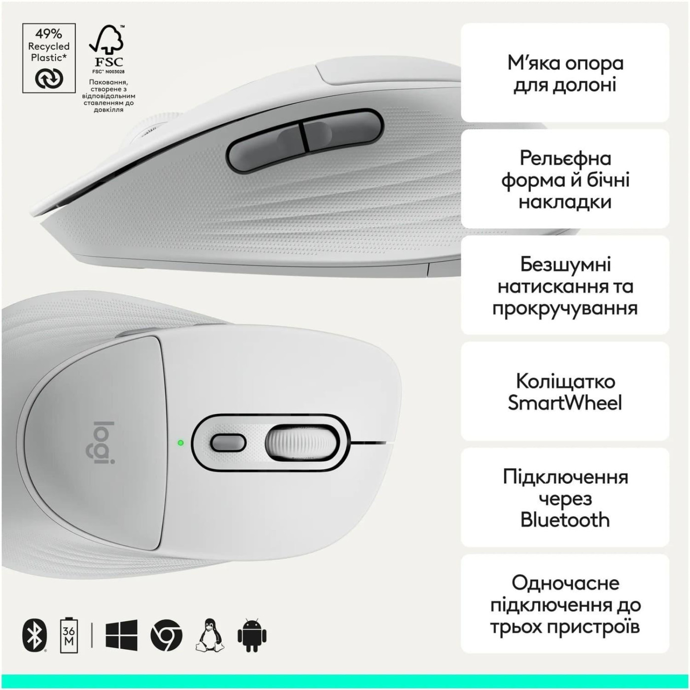 Мышь Logitech Signature Comfort Plus M850L Wireless Mouse Off-White (910-007716)