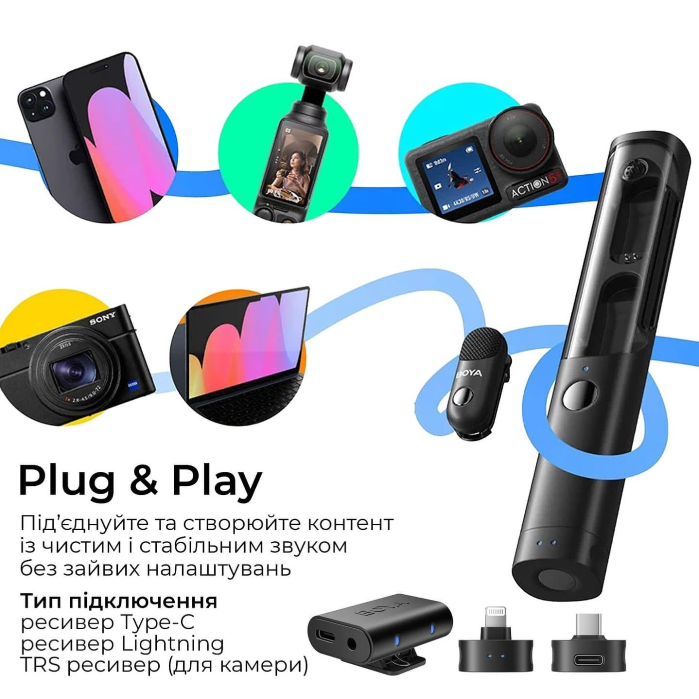 Микрофон Boya Magic-02 Type-C/Lightning Black (Magic-02)