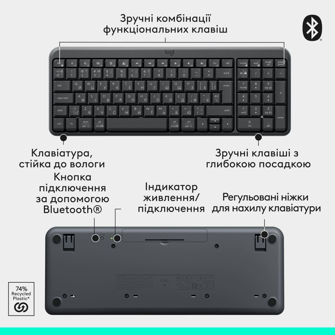 Клавіатура Logitech K250 Wireless UKR Graphite (L920-013822) U1