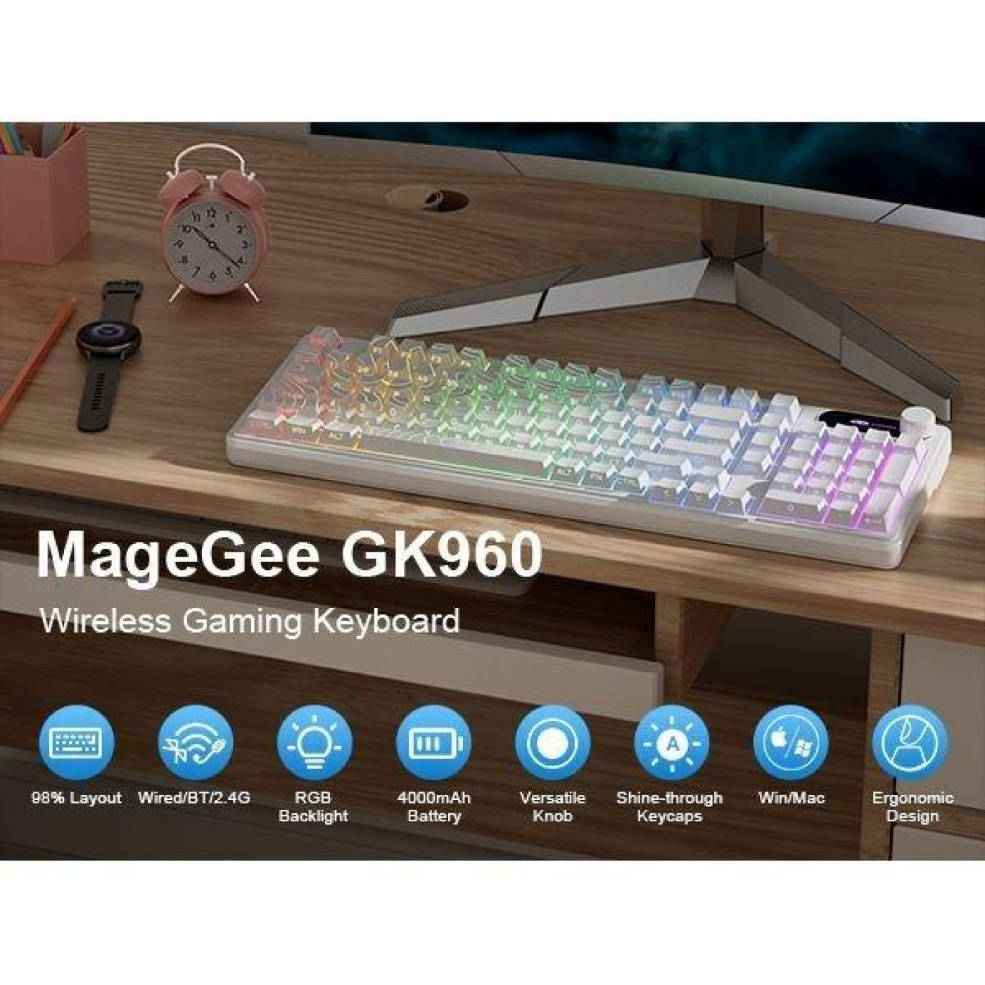 Клавіатура MageGee GK960 RGB Wireless (6971969729056) White Topographic (G-000004399)