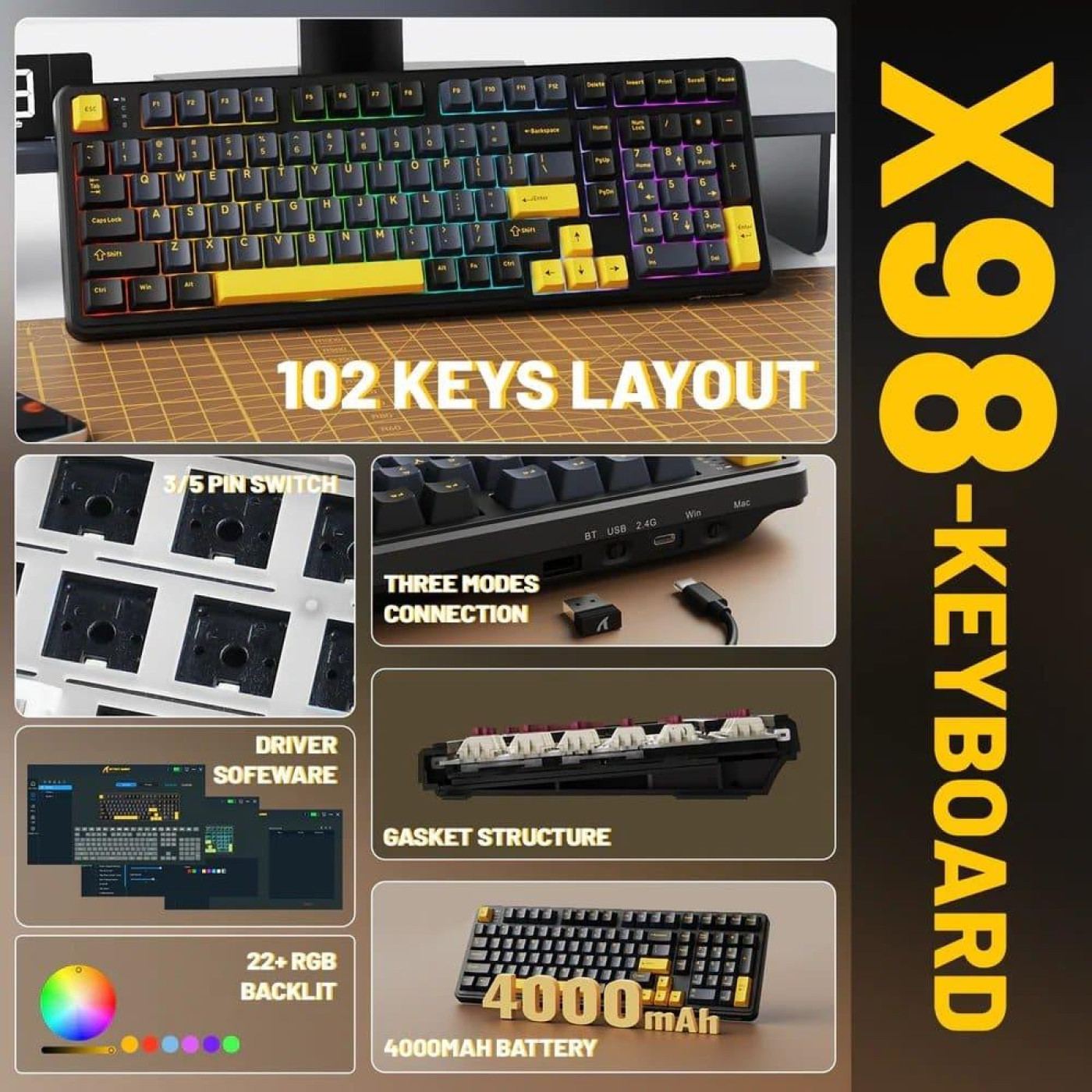Клавиатура Attack Shark X98 RGB Linear Strawberry Switch Wireless (AS-6972792471976-SB-UA) Starry Black (G-000003603)