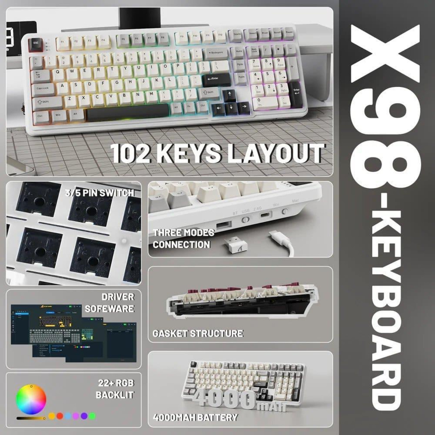 Клавиатура Attack Shark X98 RGB Linear Strawberry Switch Wireless (AS-6972792470603-CW-UA) White (G-000003588)