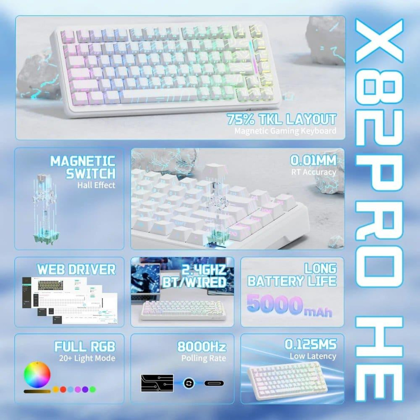 Клавиатура Attack Shark X82 Pro RGB HE Magnetic Switch Wireless (AS-6972792470702-WCL) White Contour Line (G-000003604)