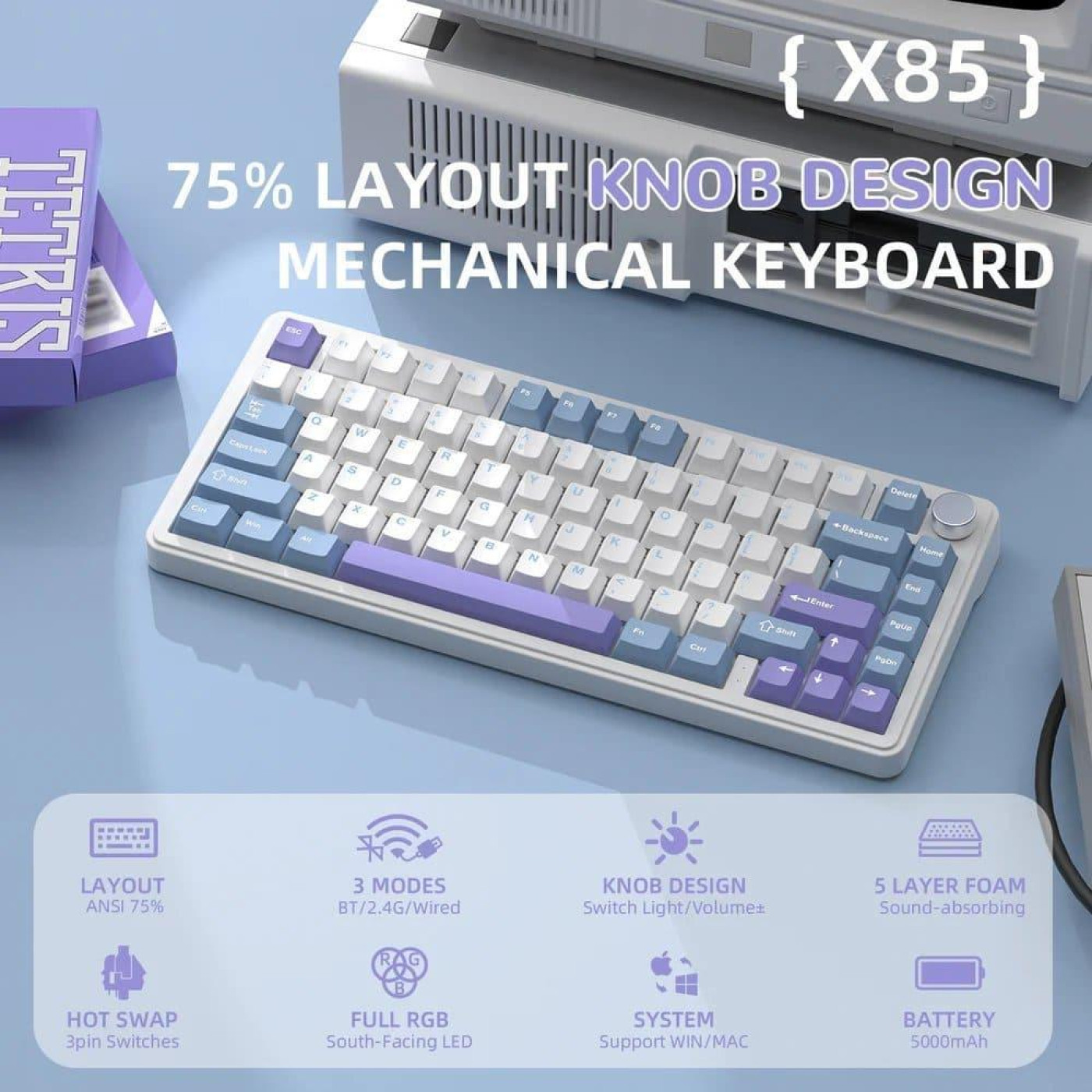 Клавиатура Attack Shark X85 RGB Linear White Jade Switch Wireless (AS-6972792470320-WP-UA) White/Purple (G-000003593)