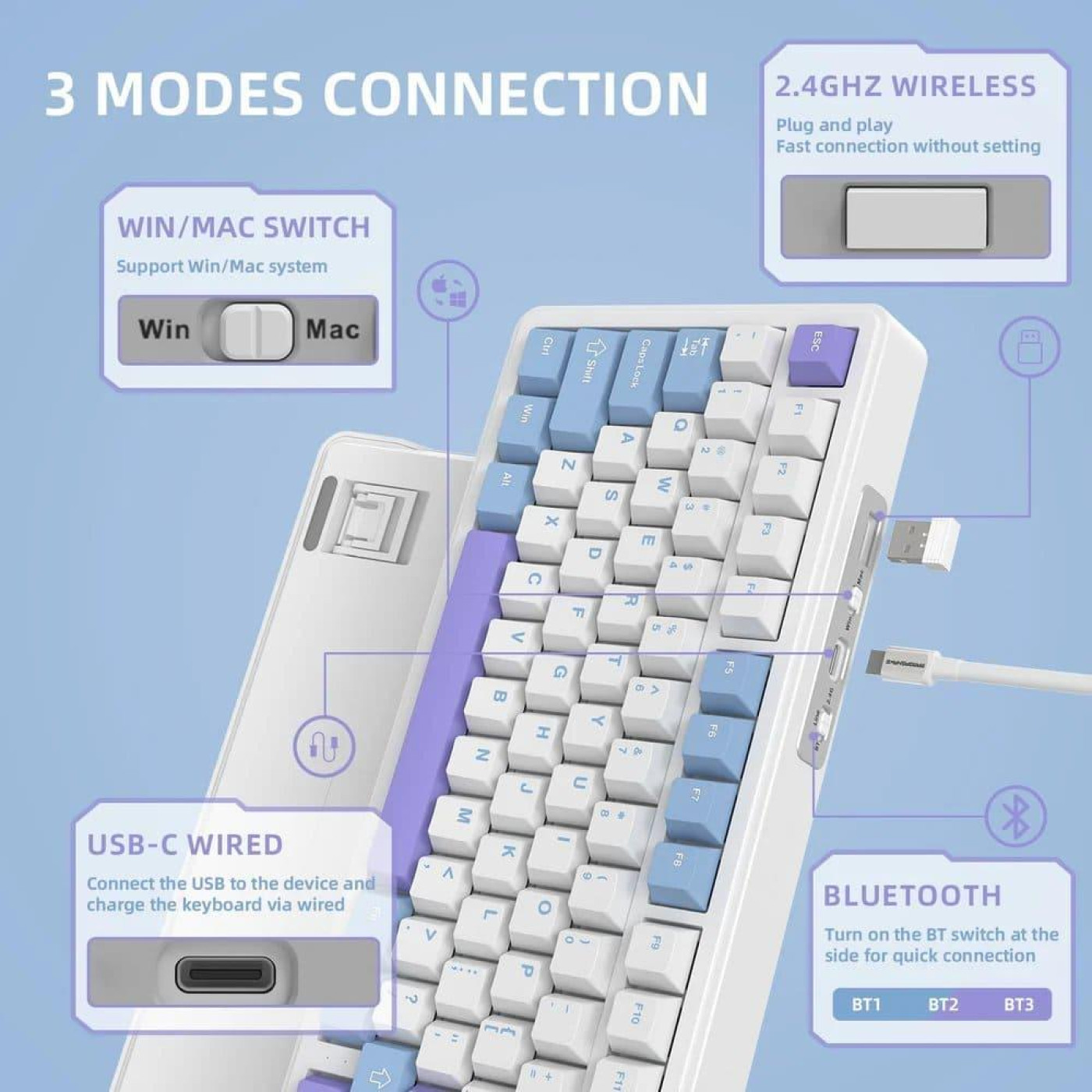 Клавиатура Attack Shark X85 RGB Linear White Jade Switch Wireless (AS-6972792470320-WP-UA) White/Purple (G-000003593)