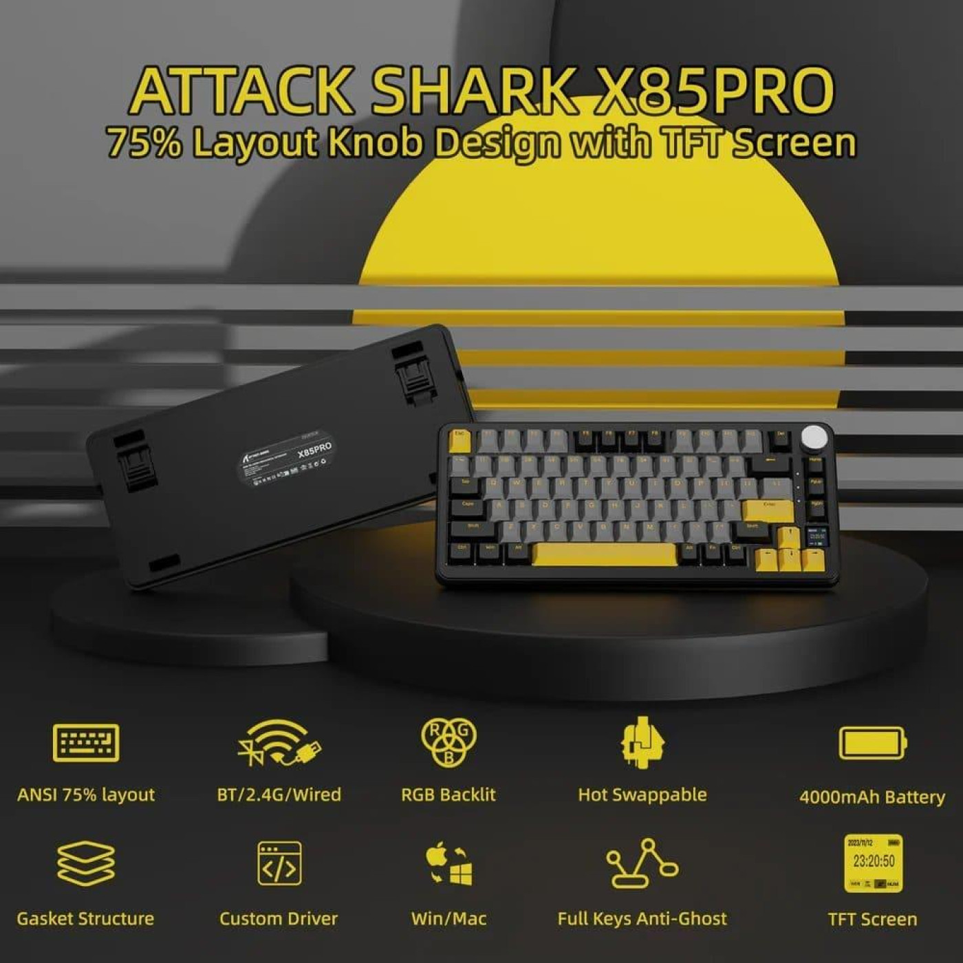 Клавиатура Attack Shark X85 Pro RGB Linear Blueberry Switch Wireless (AS-6972792470368-SB-UA) Starry Black (G-000003591)