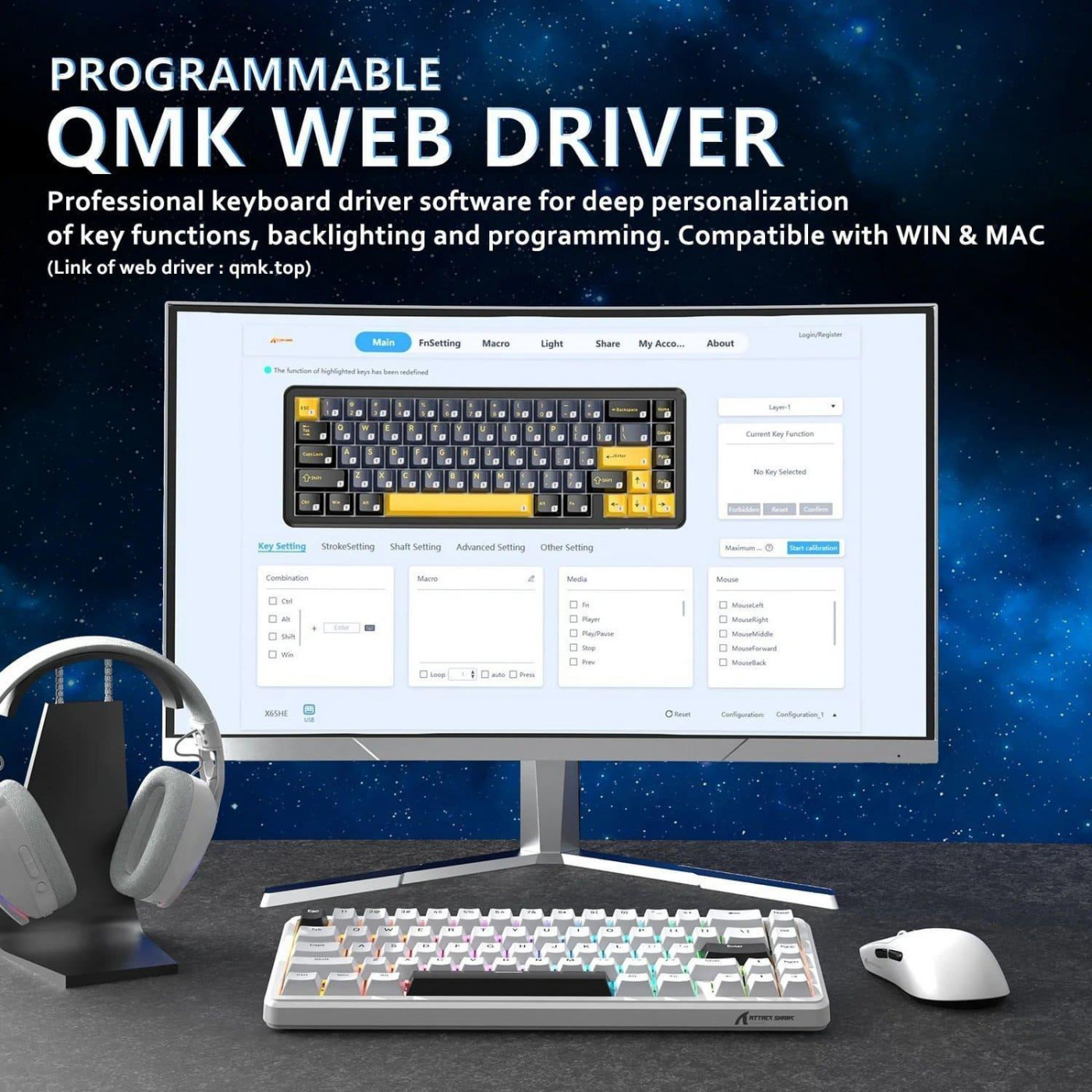 Клавиатура Attack Shark X65 RGB HE Magnetic Switch (AS-6972792470535-W-UA) White (G-000003597)