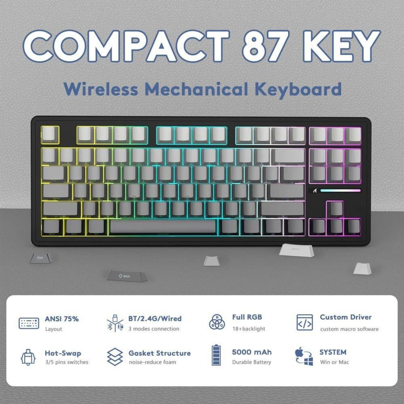 Клавиатура Attack Shark M87 Pro V2 RGB Linear White Jade Switch Wireless (AS-6972792470467-MN) Gradient Black (G-000003587)