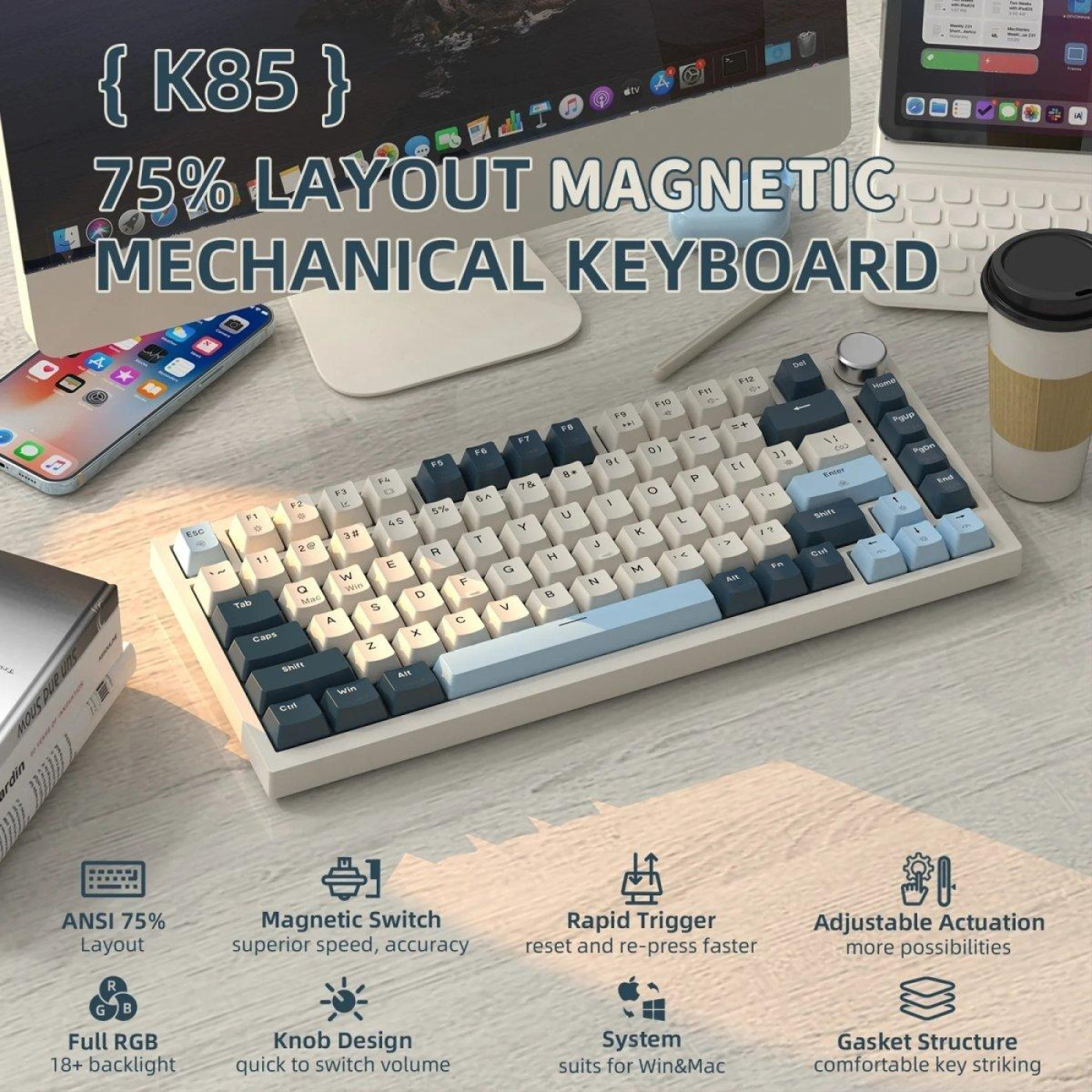 Клавіатура Attack Shark K85 RGB Magnetic Linear Switches (AS-6972792471556-B-UA) Blueberry (G-000003989)