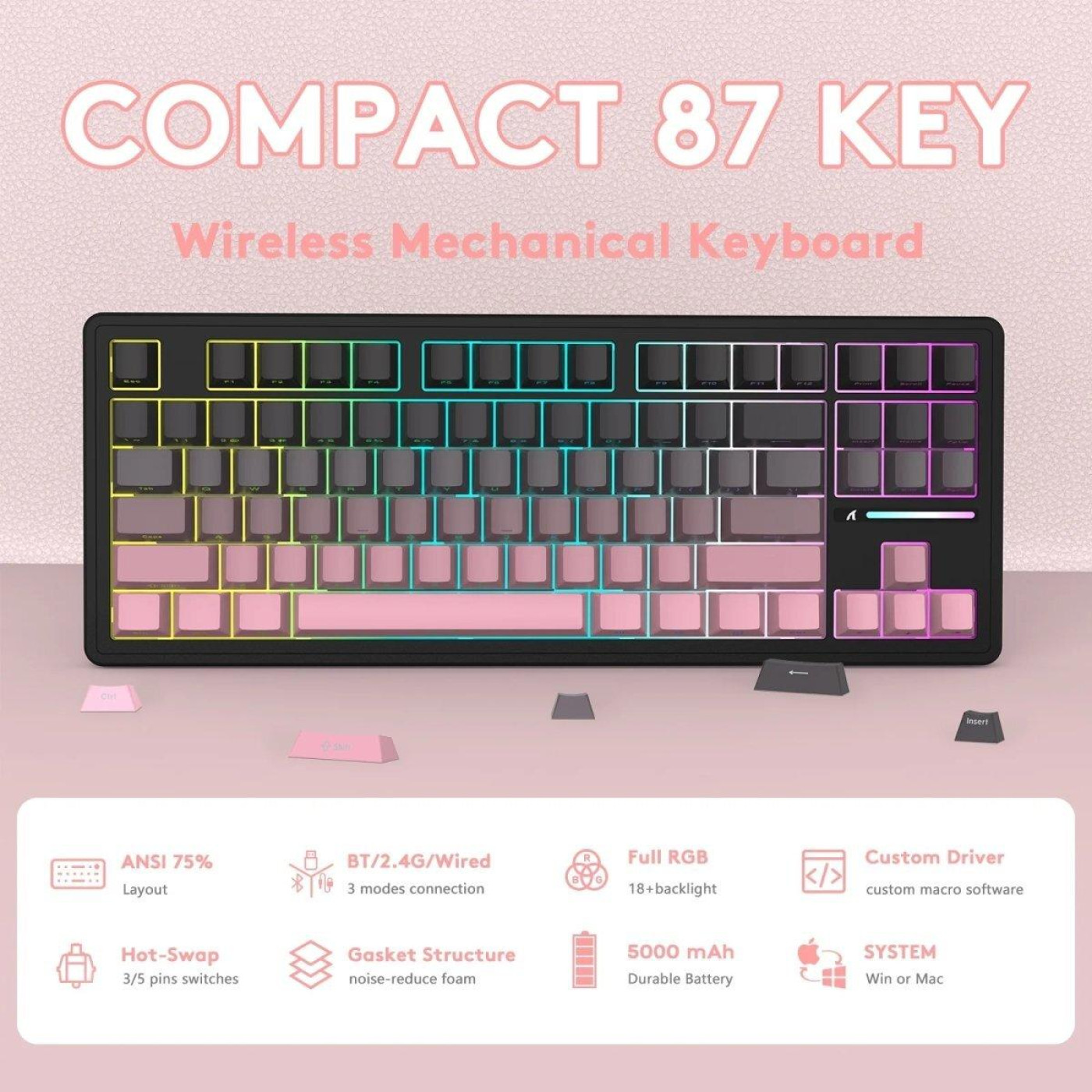 Клавіатура Attack Shark M87 Pro V2 RGB Linear White Jade Switch Wireless (AS-6972792470467-B) Gradient Pink (G-000003997)