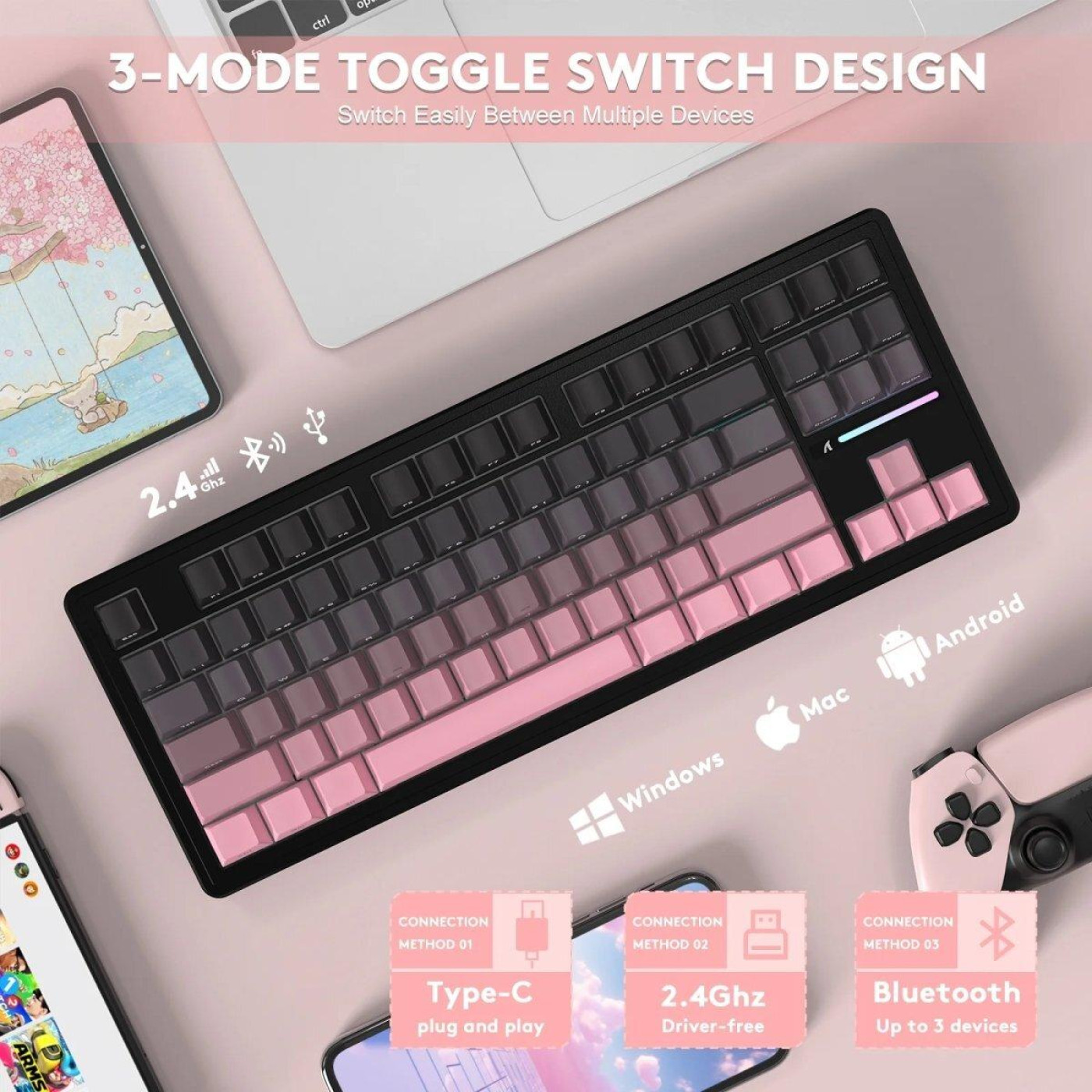Клавіатура Attack Shark M87 Pro V2 RGB Linear White Jade Switch Wireless (AS-6972792470467-B) Gradient Pink (G-000003997)