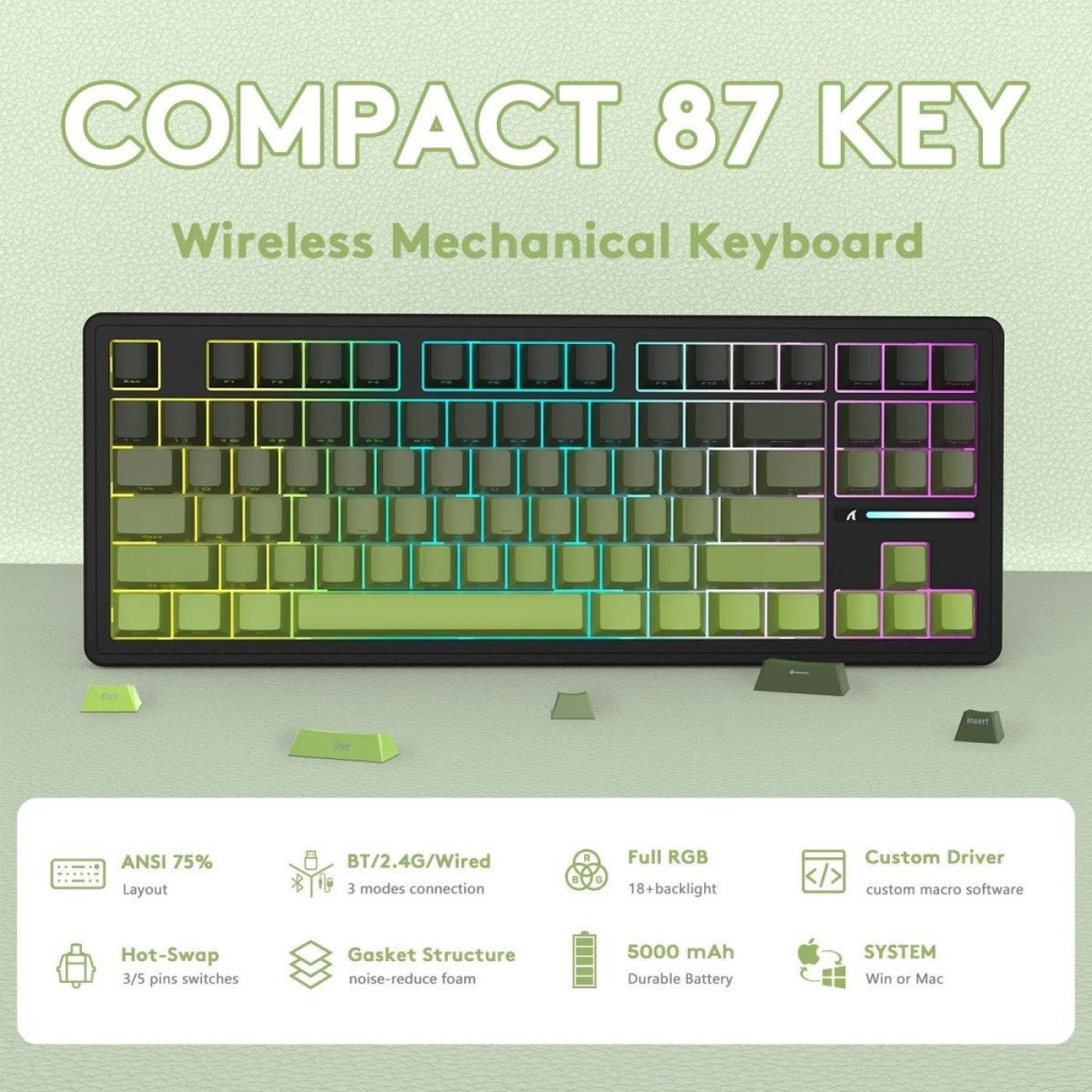 Клавіатура Attack Shark M87 Pro V2 RGB Linear White Jade Switch Wireless (AS-697279247163-M) Gradient Green (G-000003998)