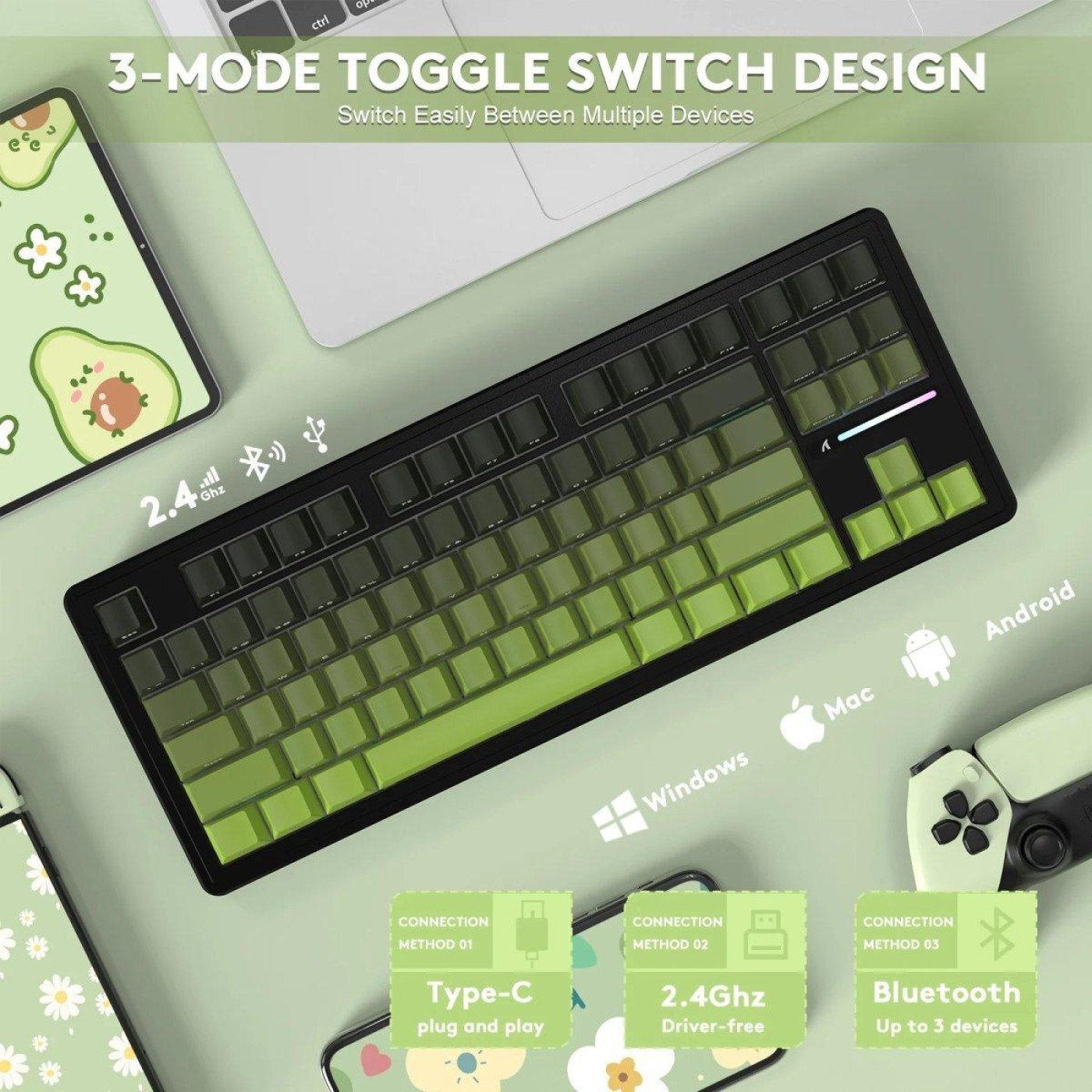 Клавіатура Attack Shark M87 Pro V2 RGB Linear White Jade Switch Wireless (AS-697279247163-M) Gradient Green (G-000003998)