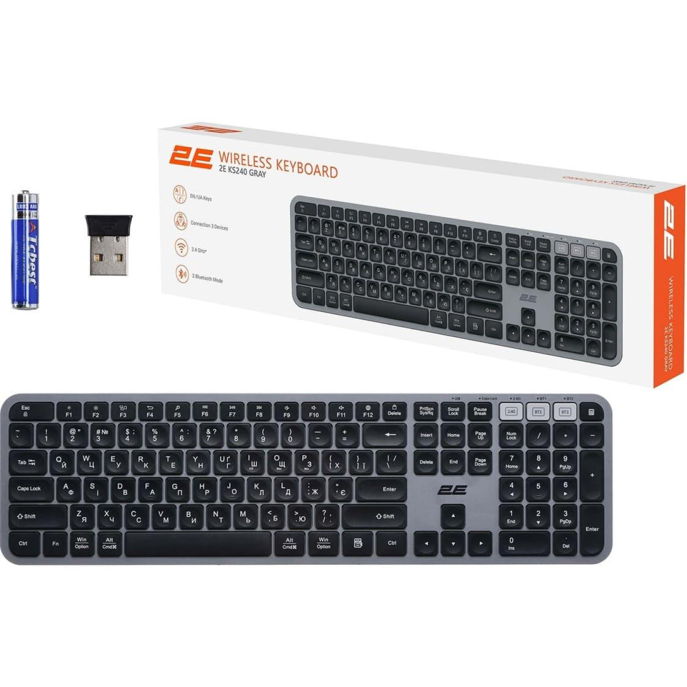 Клавиатура 2E KS240 Wireless Ukr (2E-KS240WG) Gray (2E-KS240WG_UA)