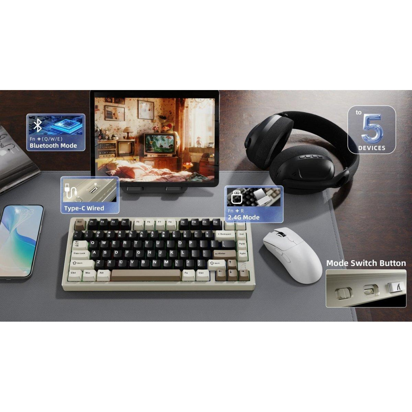 Клавіатура Attack Shark X75 RGB Kailh MX Crystal Switches Wireless (AS-6972792471457-CW-UA) Cheese White (G-000004024)