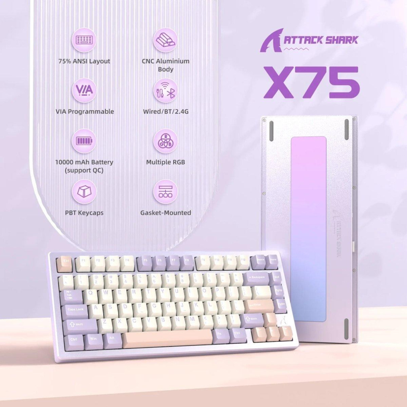 Клавиатура Attack Shark X75 RGB Kailh MX Crystal Switches Wireless (AS-6972792471464-TP-UA) Twilight Purple (G-000004025)