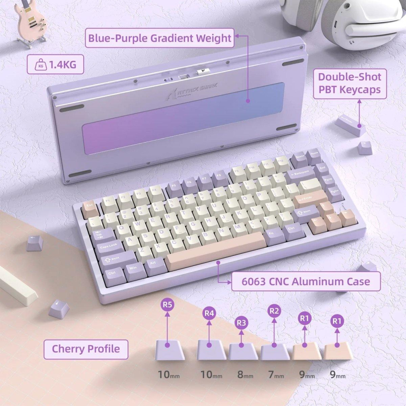 Клавиатура Attack Shark X75 RGB Kailh MX Crystal Switches Wireless (AS-6972792471464-TP-UA) Twilight Purple (G-000004025)