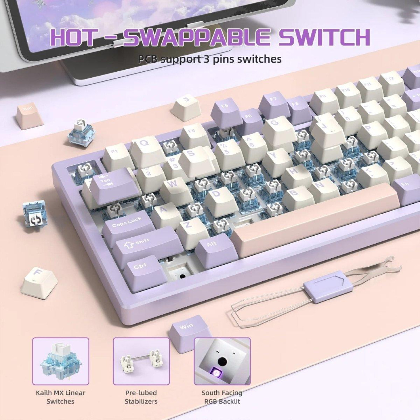 Клавиатура Attack Shark X75 RGB Kailh MX Crystal Switches Wireless (AS-6972792471464-TP-UA) Twilight Purple (G-000004025)