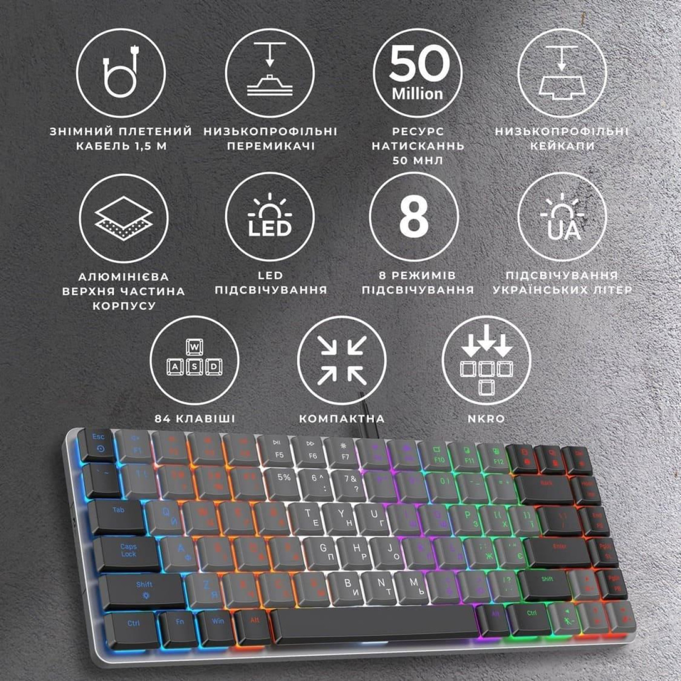 Клавиатура GamePro MK140R Red Switch Low Profile Dark Gray (MK140R)