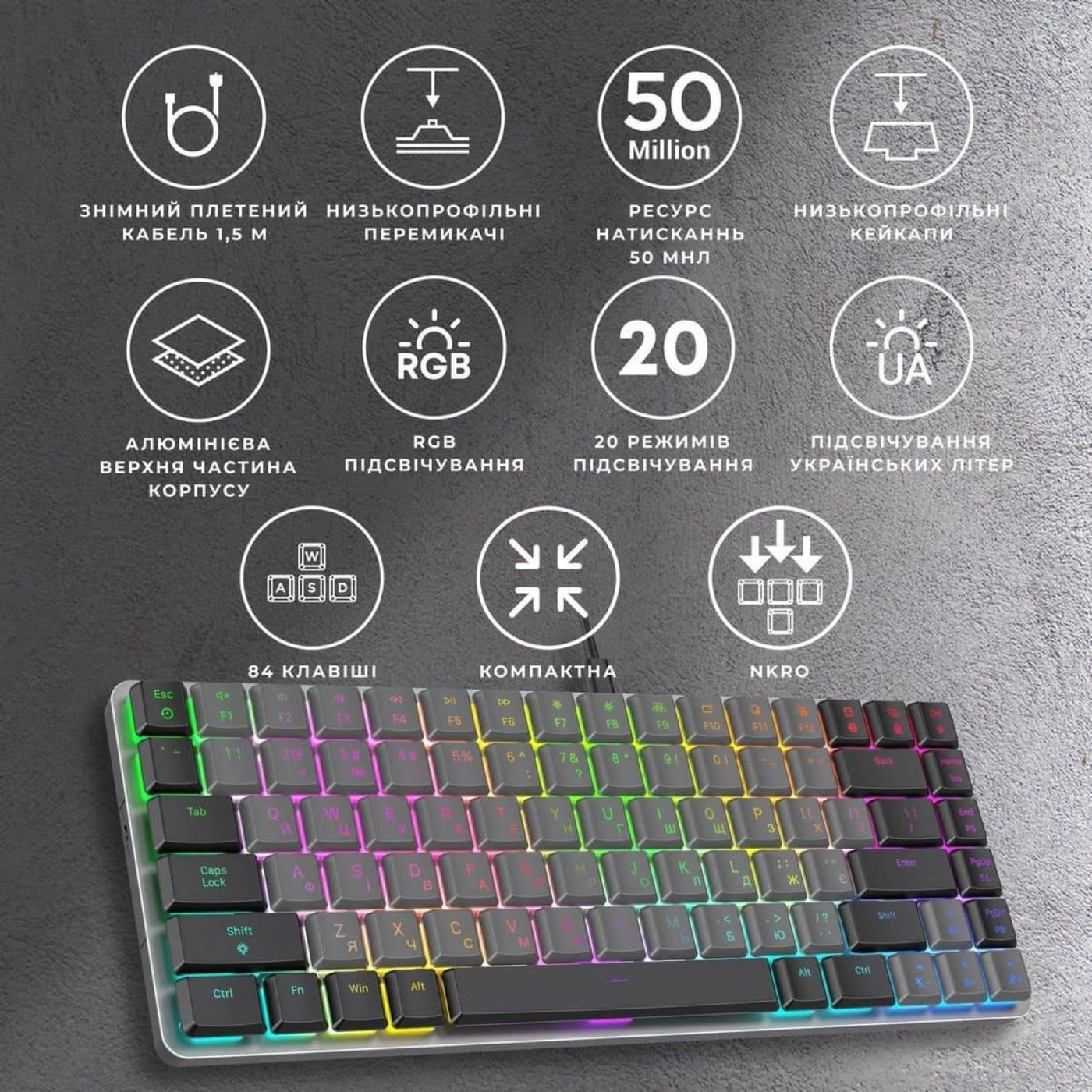 Клавиатура GamePro MK141R Red Switch Low Profile Dark Gray RGB (MK141R)