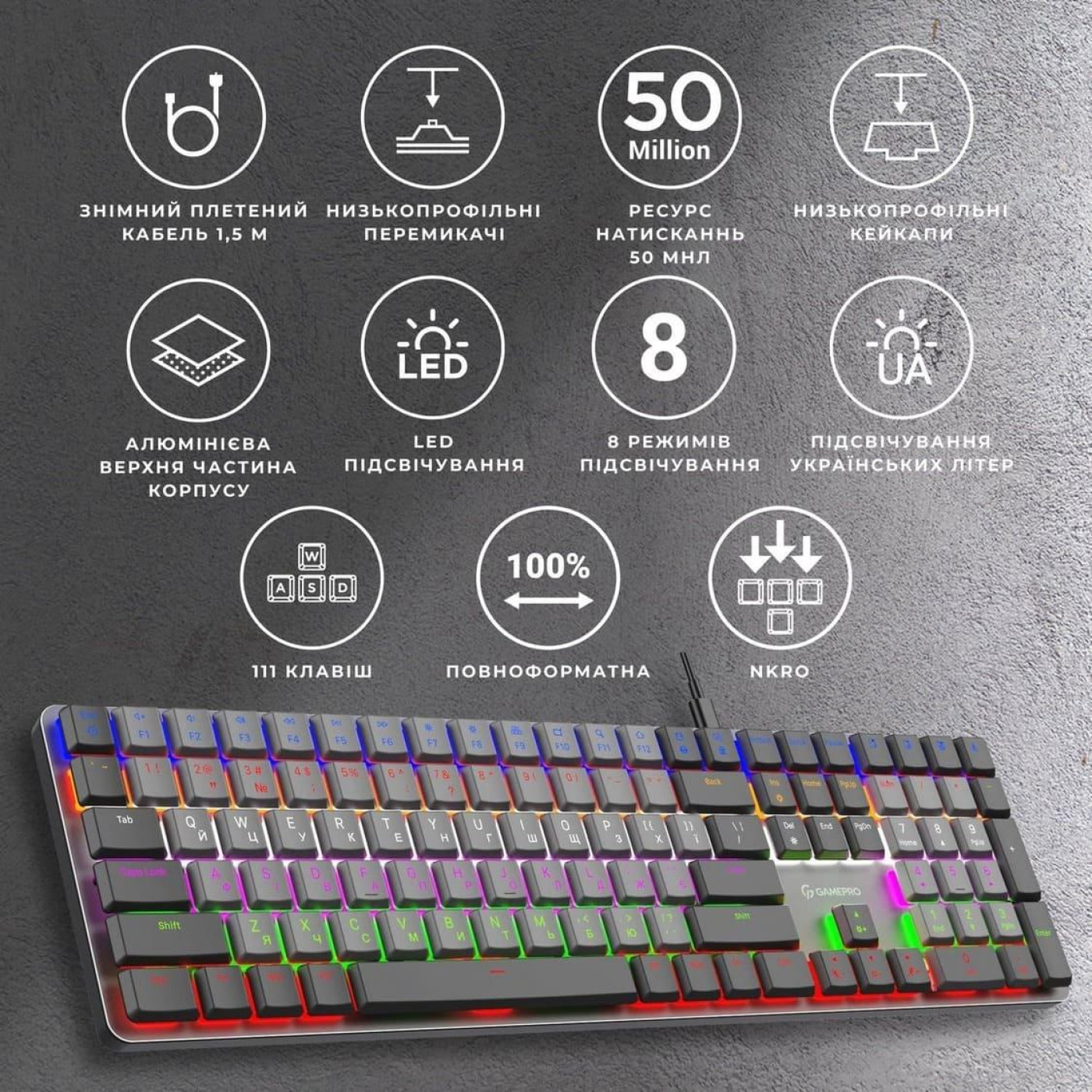 Клавіатура GamePro MK145R Red Switch Low Profile Dark Gray (MK145R) U1