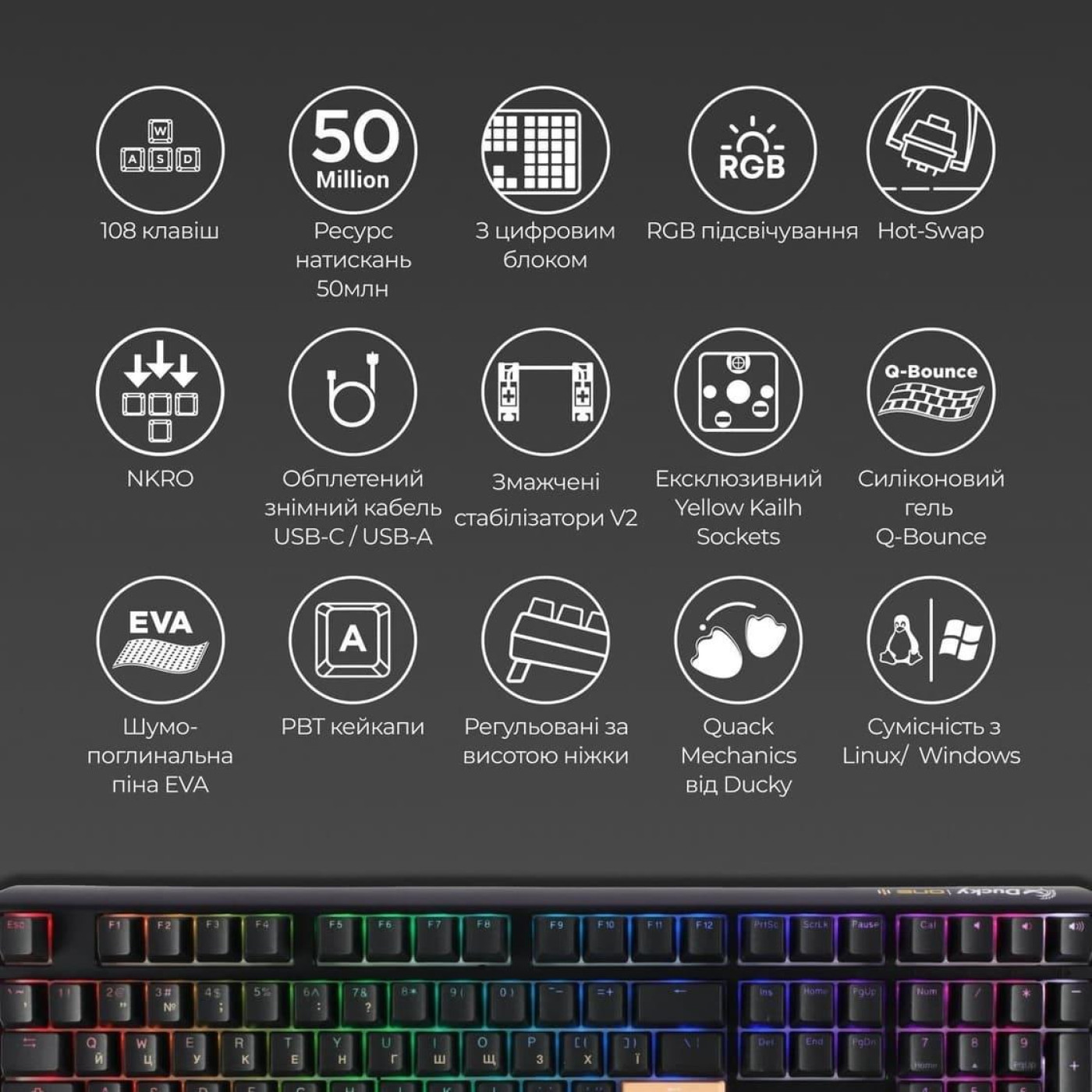 Клавиатура Ducky One 3 Cherry MX Blue RGB Black UA (DKON2108ST-CUAPXCLAWSC1)