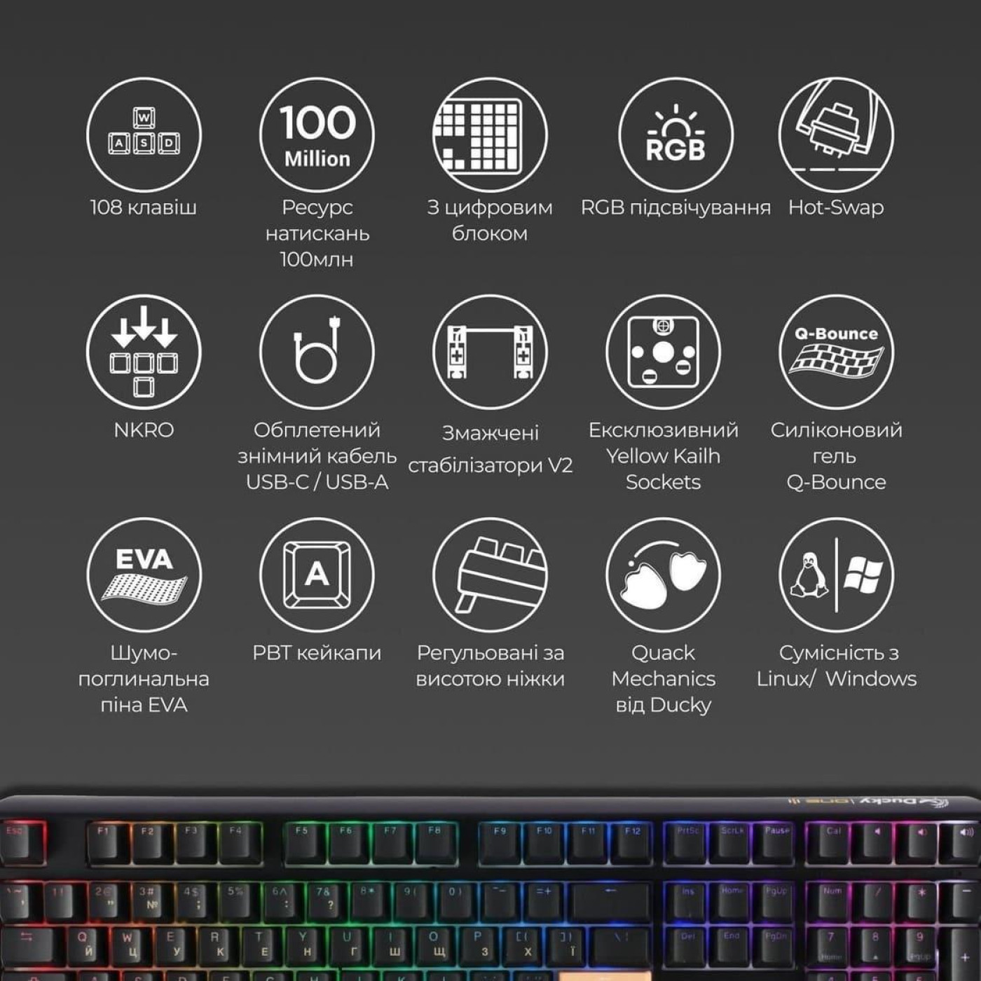 Клавіатура Ducky One 3 TKL Cherry MX Silent Red RGB Black UA (DKON2187ST-SUAPXCLAWSC1) Б/в