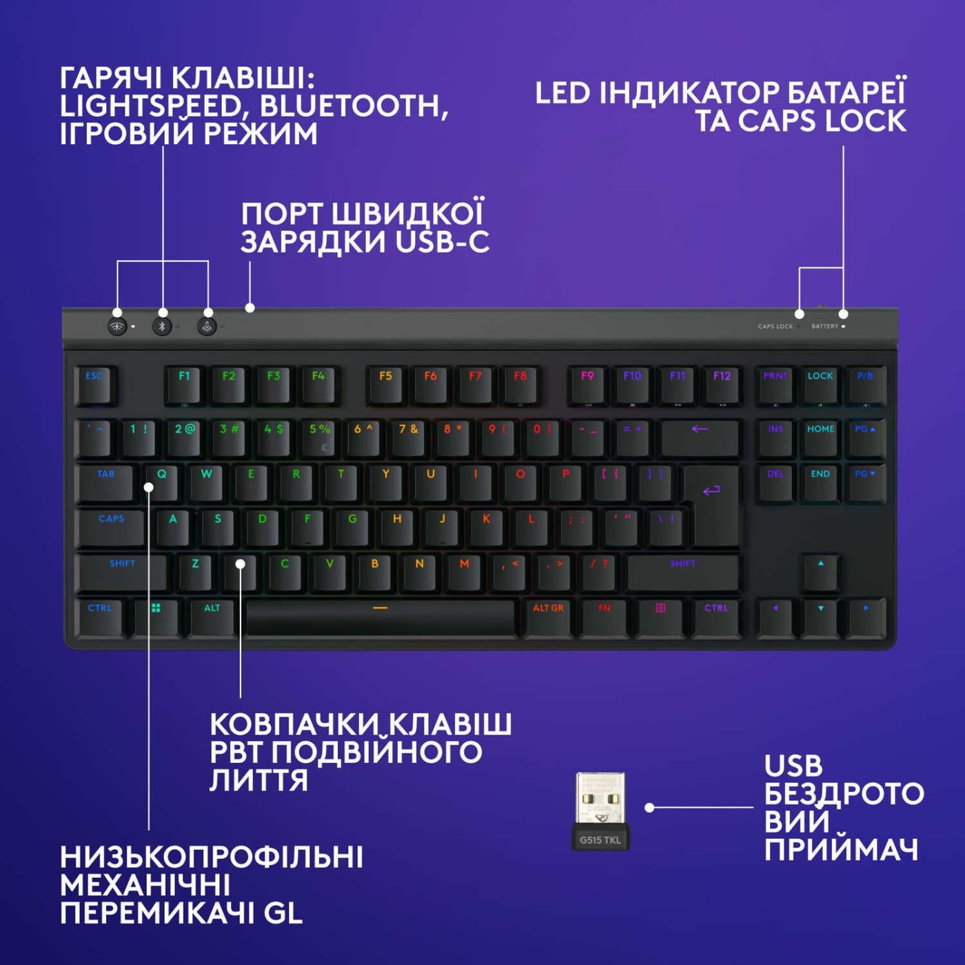 Клавиатура Logitech G515 TKL Mechanical Tactile Wireless Black (920-012538)