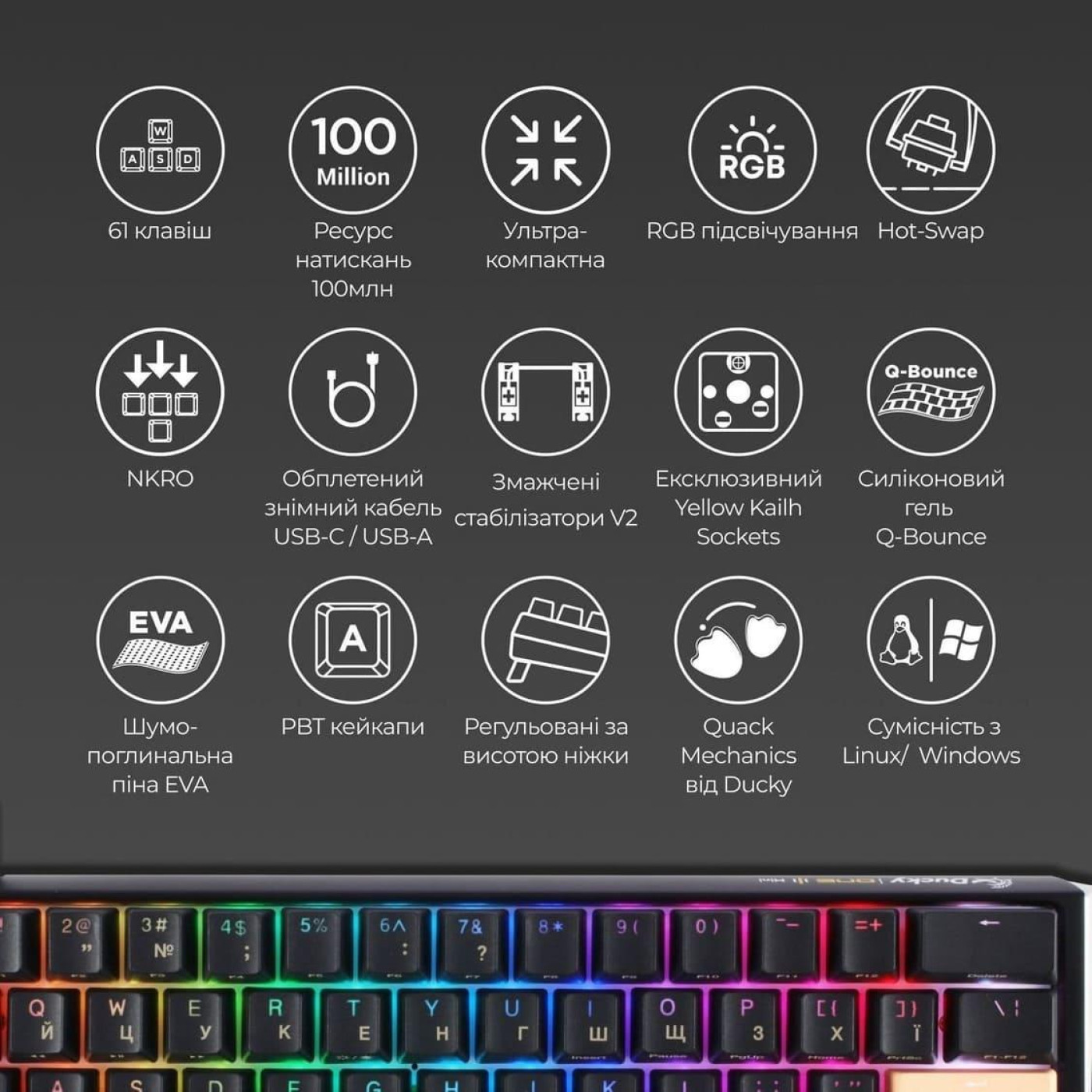 Клавиатура Ducky One 3 Mini Cherry MX Silent Red RGB Black UA (DKON2161ST-SUAPXCLAWSC1)