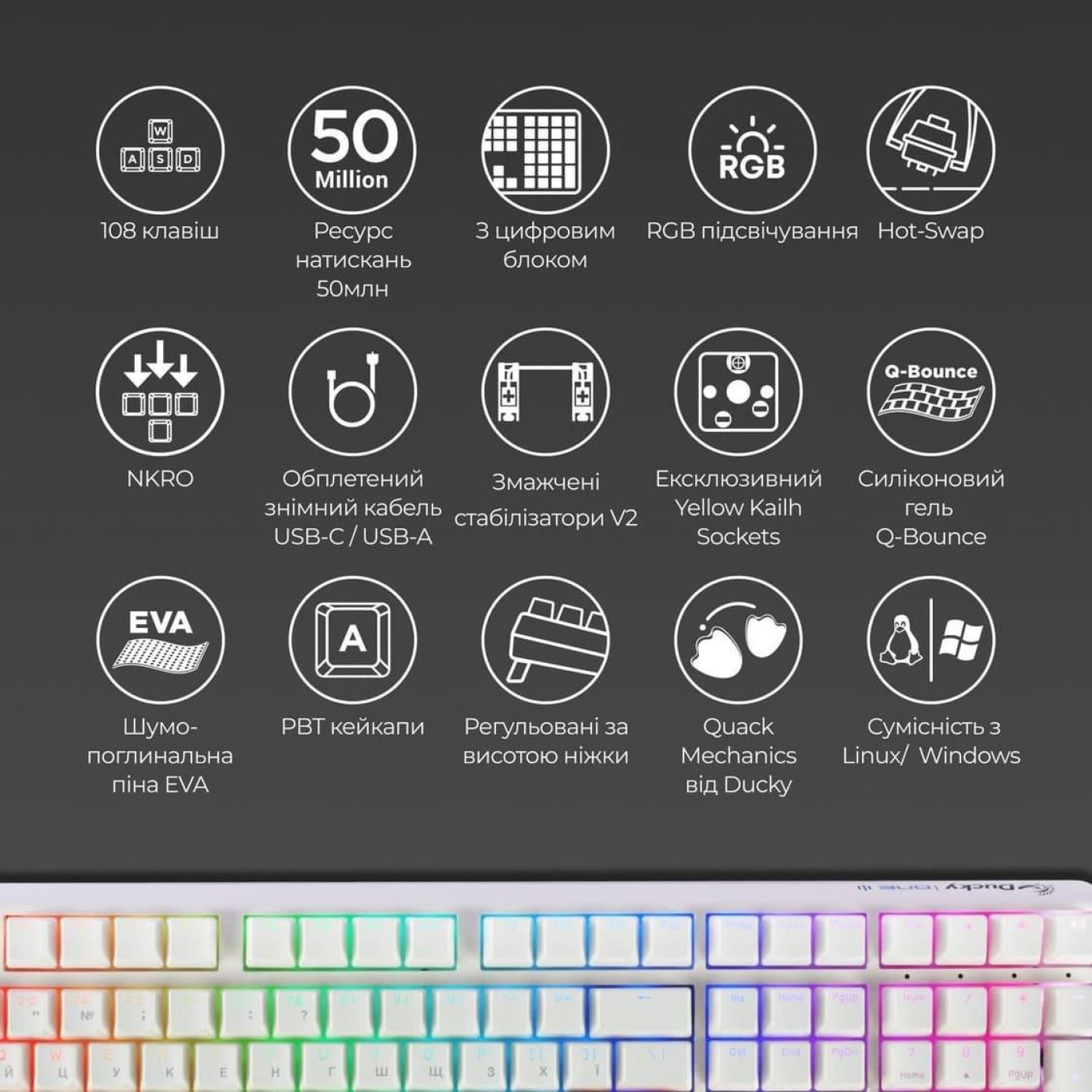 Клавиатура Ducky One 3 Cherry MX Blue RGB White UA (DKON2108ST-CUAPXPWWWSC1)