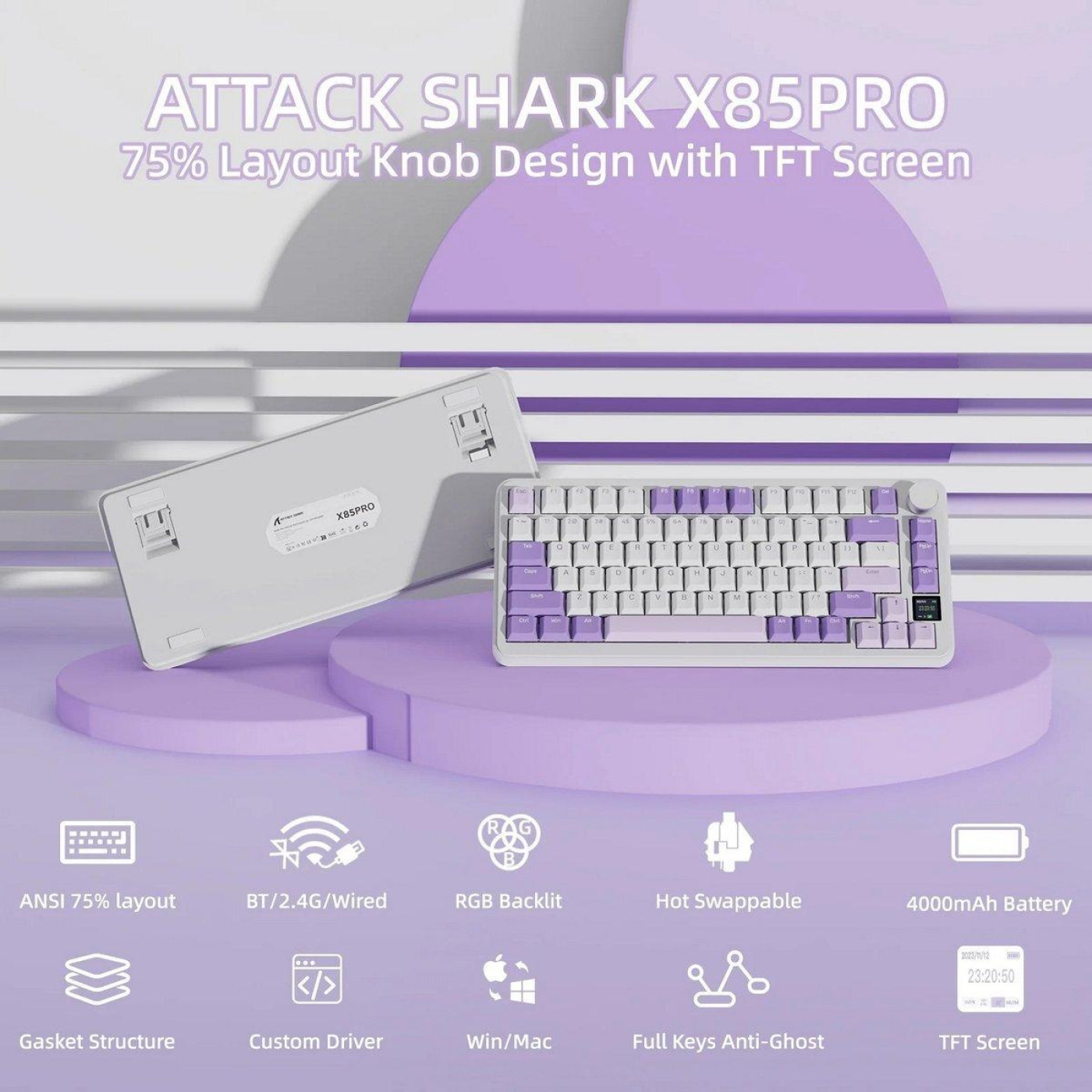 Клавіатура Attack Shark X85 Pro RGB Linear Blueberry Switches Wireless (AS-6972792471105-L) Lavender (G-000004028)